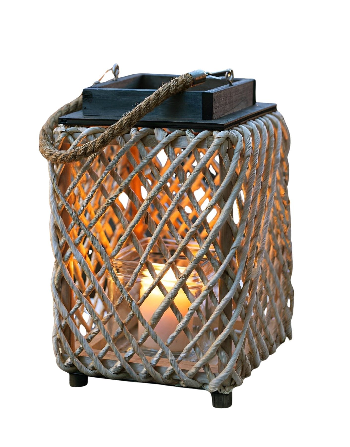 Kerzenlaterne "Sincere" Laterne aus Holz, schwarz & Maisstroh, Windlichtglas