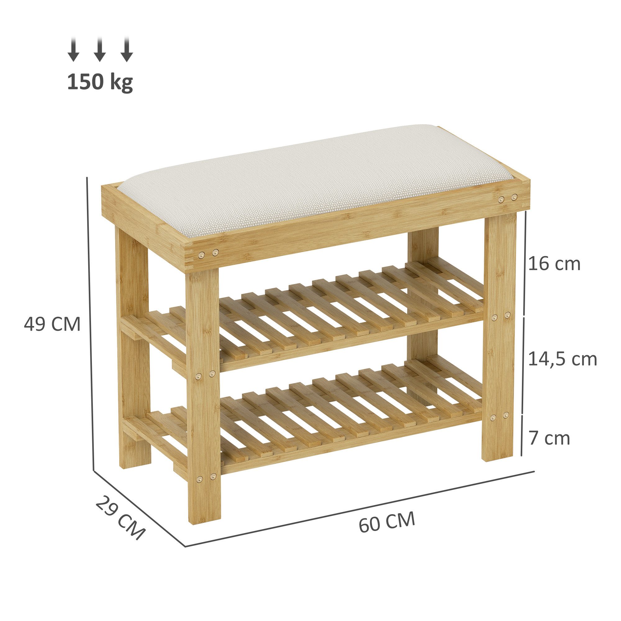 HOMCOM Schuhbank mit Stauraum, 2 offene Fächer (Schuhregal aus Bambus, 1-St., Schuhbank mit Sitzfläche), für Wohnzimmer, Flur, Cremeweiß+Naturholz