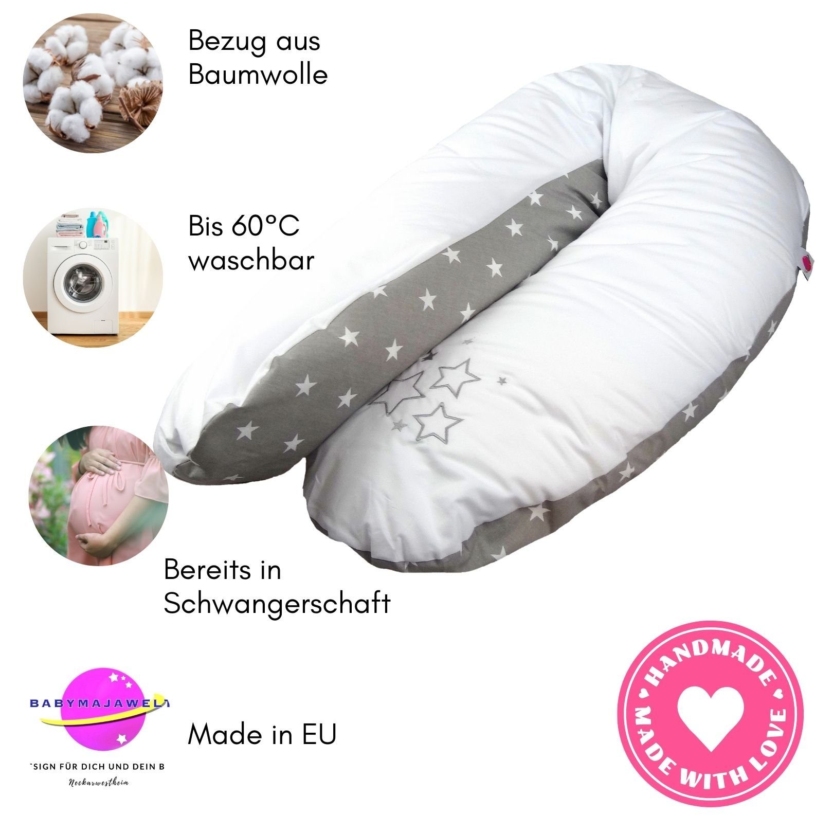 Babymajawelt Stillkissen Stillkissen Perlenfüllung, Schwangerschaftskissen STARS, Prall gefüllt, 2-tlg., Seitenschläferkissen XL 190 x 64 cm, gestickter Motiv, Individuell anpassbar, Speichert Wärme!