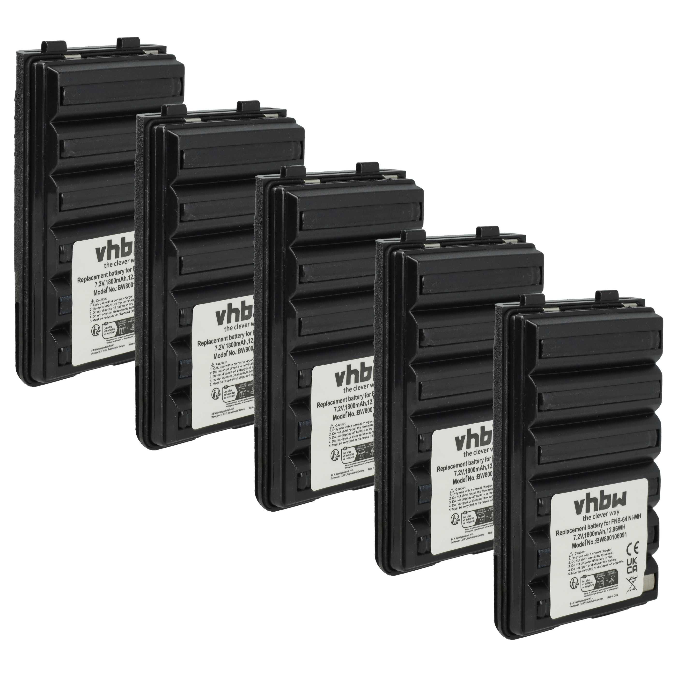 vhbw Akku Ersatz für Yaesu Vertex FNB-64H, FNB-57, FNB-88, FNB-64, FNB-83, Akku Akku NiMH 1800 mAh (7,2 V, 5 St), Leistungsfähige Austausch-Akkus für Ihr Funkgerät, Walkie-Talkie