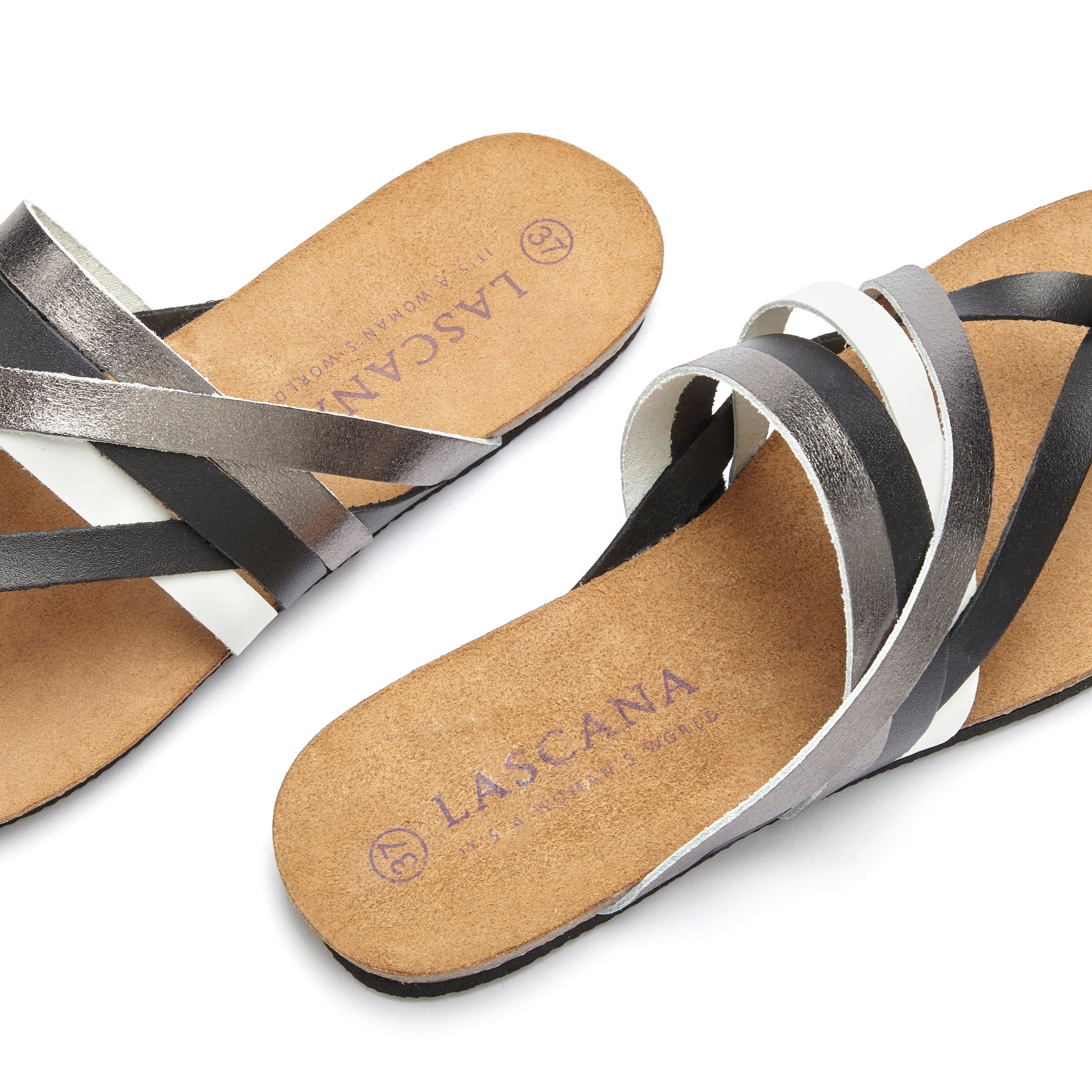 LASCANA Sommerschuh, offener Schuh, Pantolette, Sandale, Zehentrenner aus Leder mit Korkfußbett