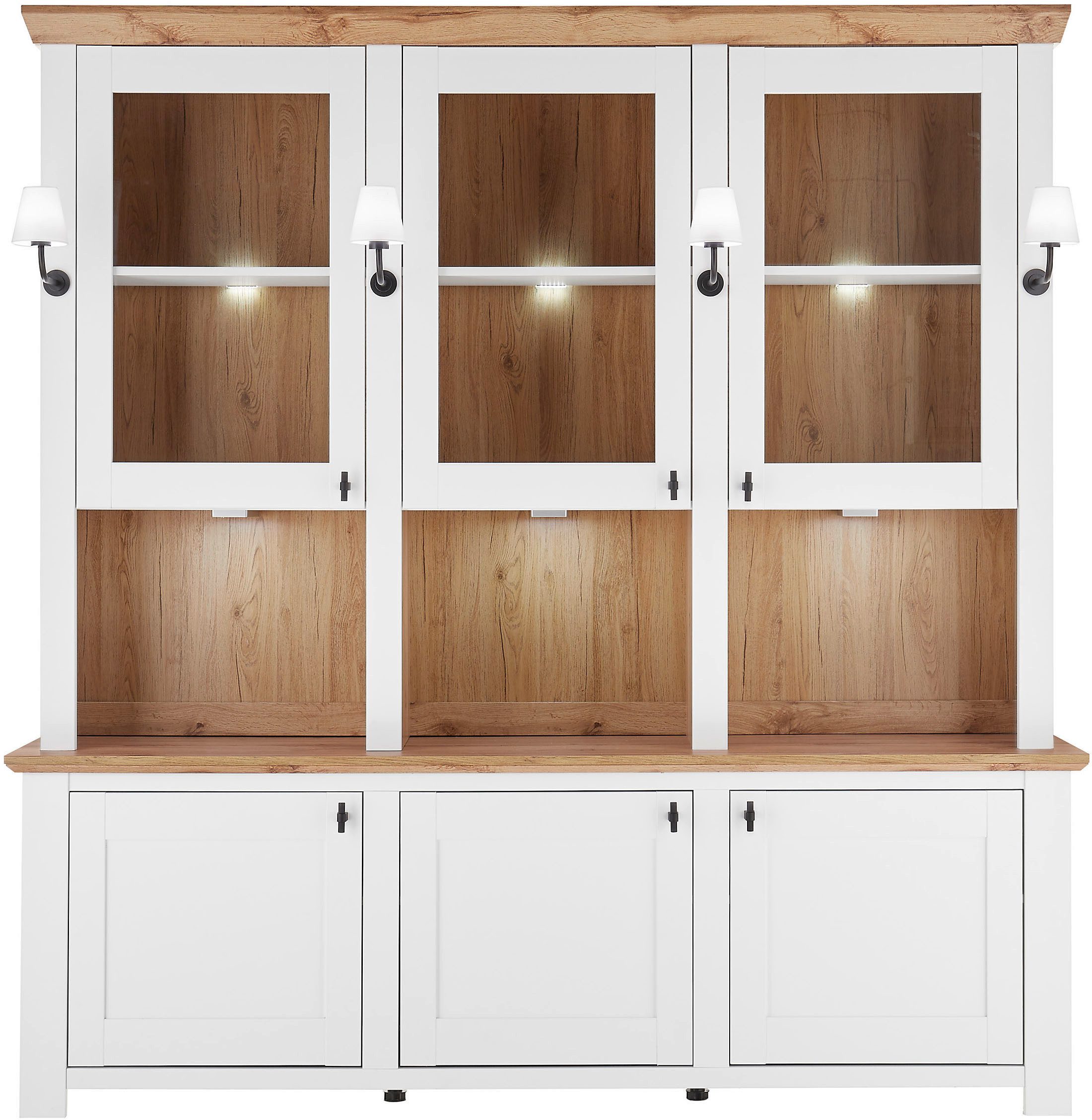 Home affaire Buffet Bristol, Bücherschrank im Landhausstil, moderner Hochschrank schwarze Metallgriffe, elegante Kranzoptik, mit Beleuchtung