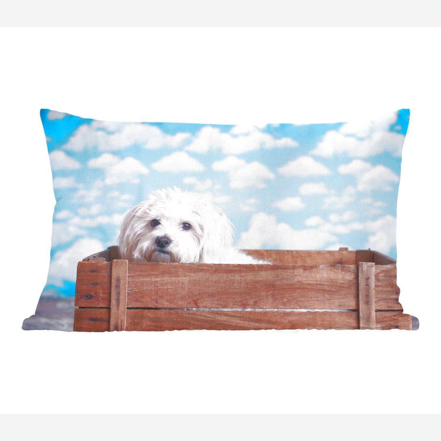 Dekokissen Dekoration, Malteser Hund Füllung, in Zierkissen, Dekokissen einer Schlafzimmer mit Holzkiste, Wohzimmer MuchoWow