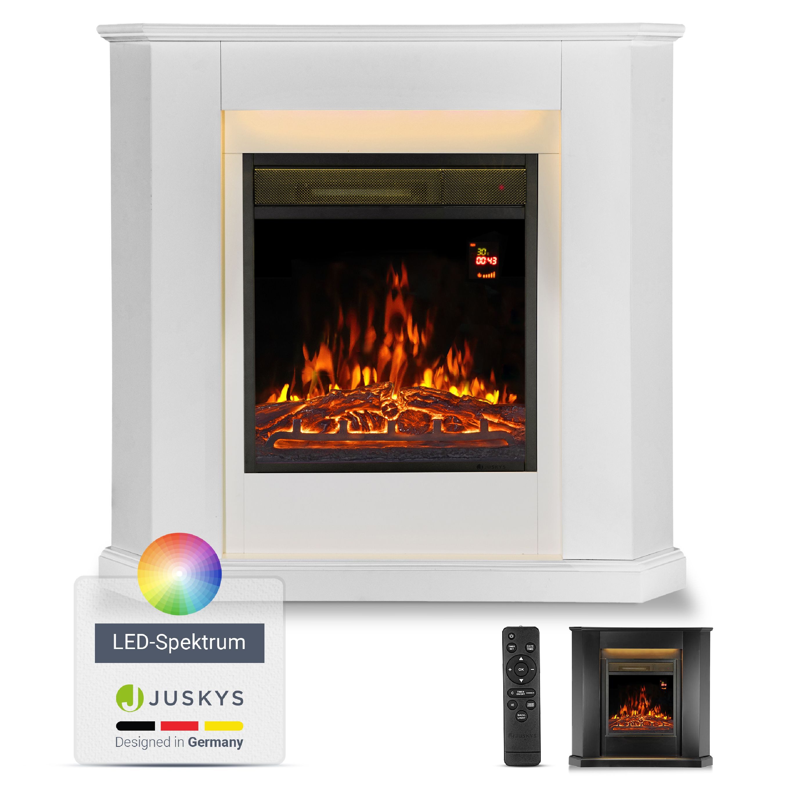 Juskys Elektrokamin, 2000 W Heizung, Flammeneffekt, Fernbedienung, LED-Licht, Timer