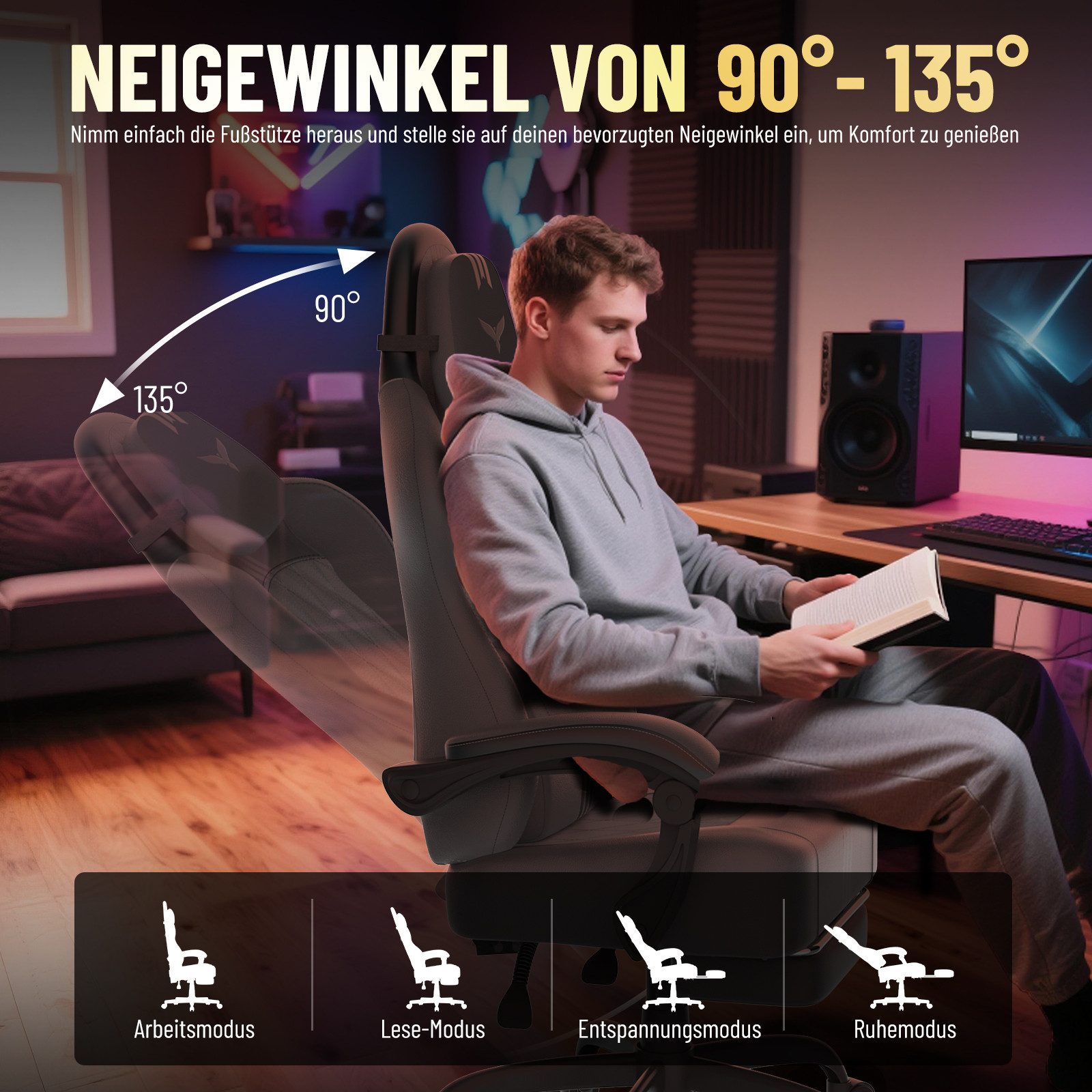 Huracan Gaming-Stuhl Gaming Chair mit Massagefunktion Kopfstütze & Fußstütze, (Gamer Stuhl,Gaming Sessel), Verstellbare Rückenlehne 90-135°,Höhenverstellbar – Bild 3 von 5