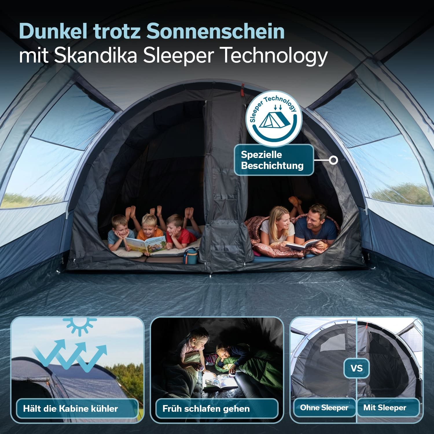 Skandika Tunnelzelt Campingzelt Isken 5 Sleeper Protect - schwarze Schlafkabine - UPF 50+, Personen: 5 (3000 mm Wassersäule, Canopy, Organizer-Taschen in der Kabine, UPF 50), Moskitonetz an der Eingangstür, an den Fenster und der Kabinentür