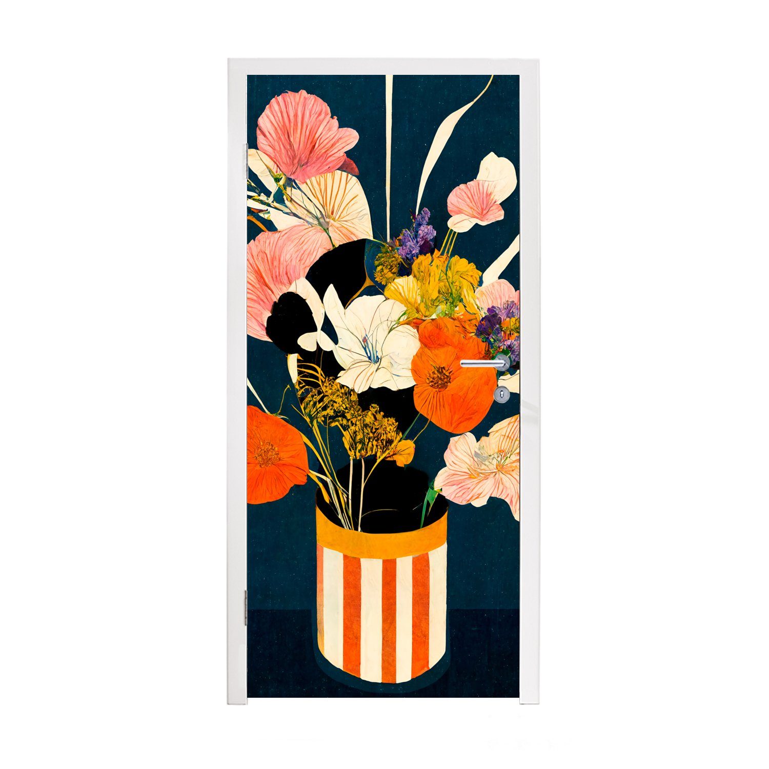 MuchoWow Türtapete Blumen - Vase - Malerei - Pflanzen, Matt, bedruckt, (1 St), Fototapete für Tür, Türaufkleber, 75x205 cm