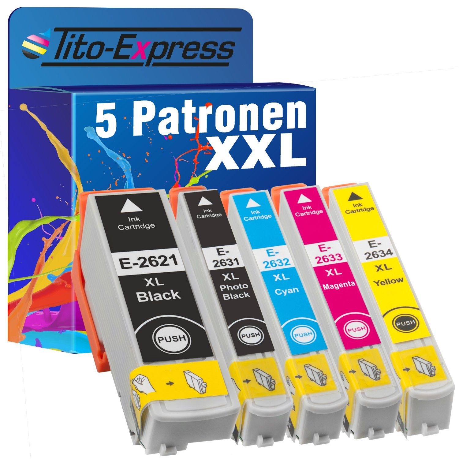 Tito-Express PlatinumSerie 5er Set ersetzt Epson T2621 T2631 T2632 T2633  T2634 Multipack Tintenpatrone (für Expression XP-510 520 600 605 610 615  620 625 710 720 800 810 820)