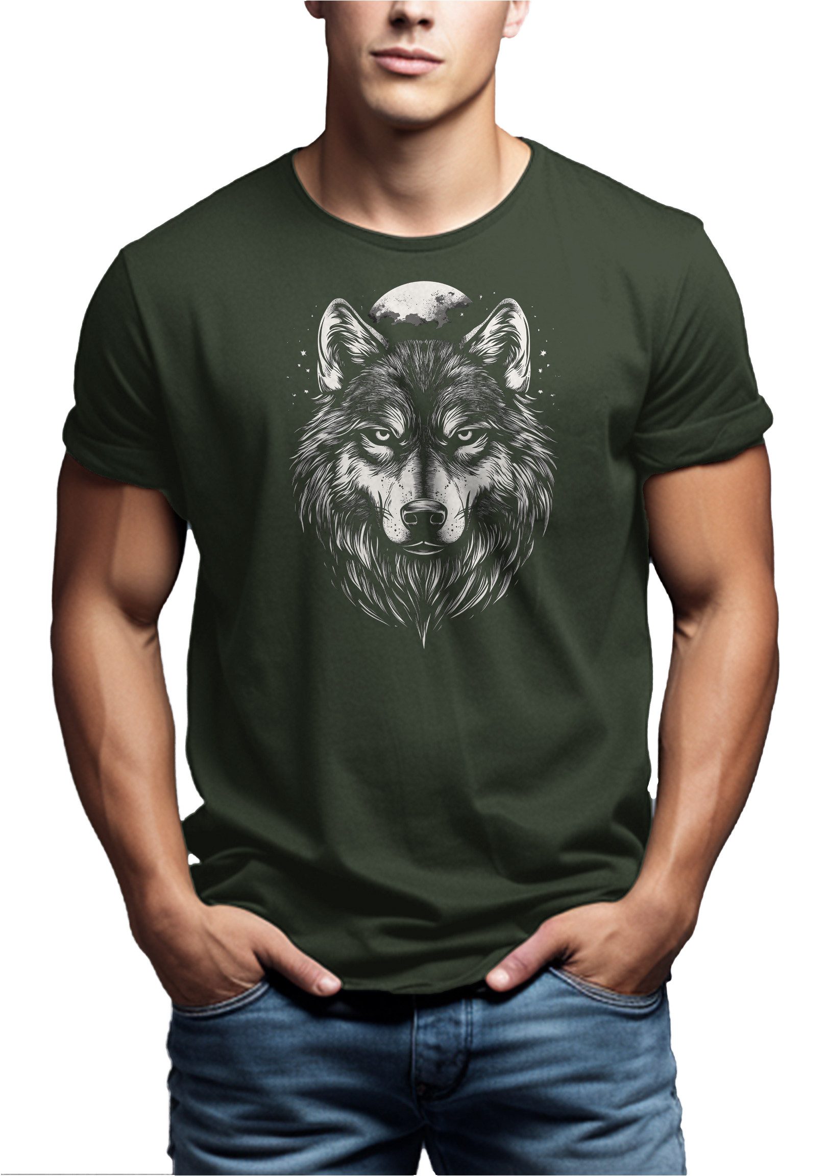 MAKAYA T-Shirt mit Wolfskopf Vintage Wolf günstig online kaufen