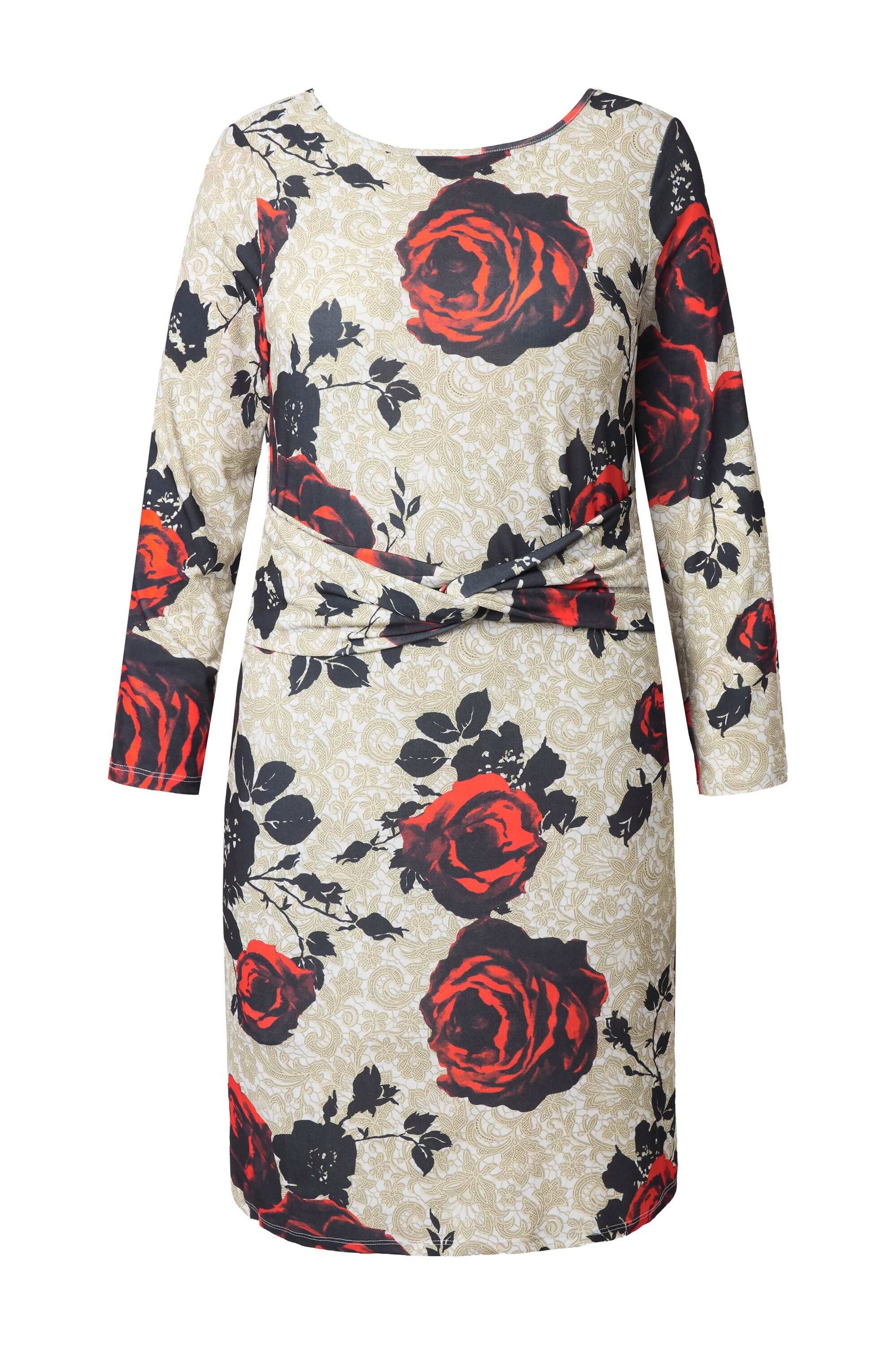 Ulla Popken Minikleid Midikleid Rosen Slim Rücken-V-Ausschnitt Langarm günstig online kaufen