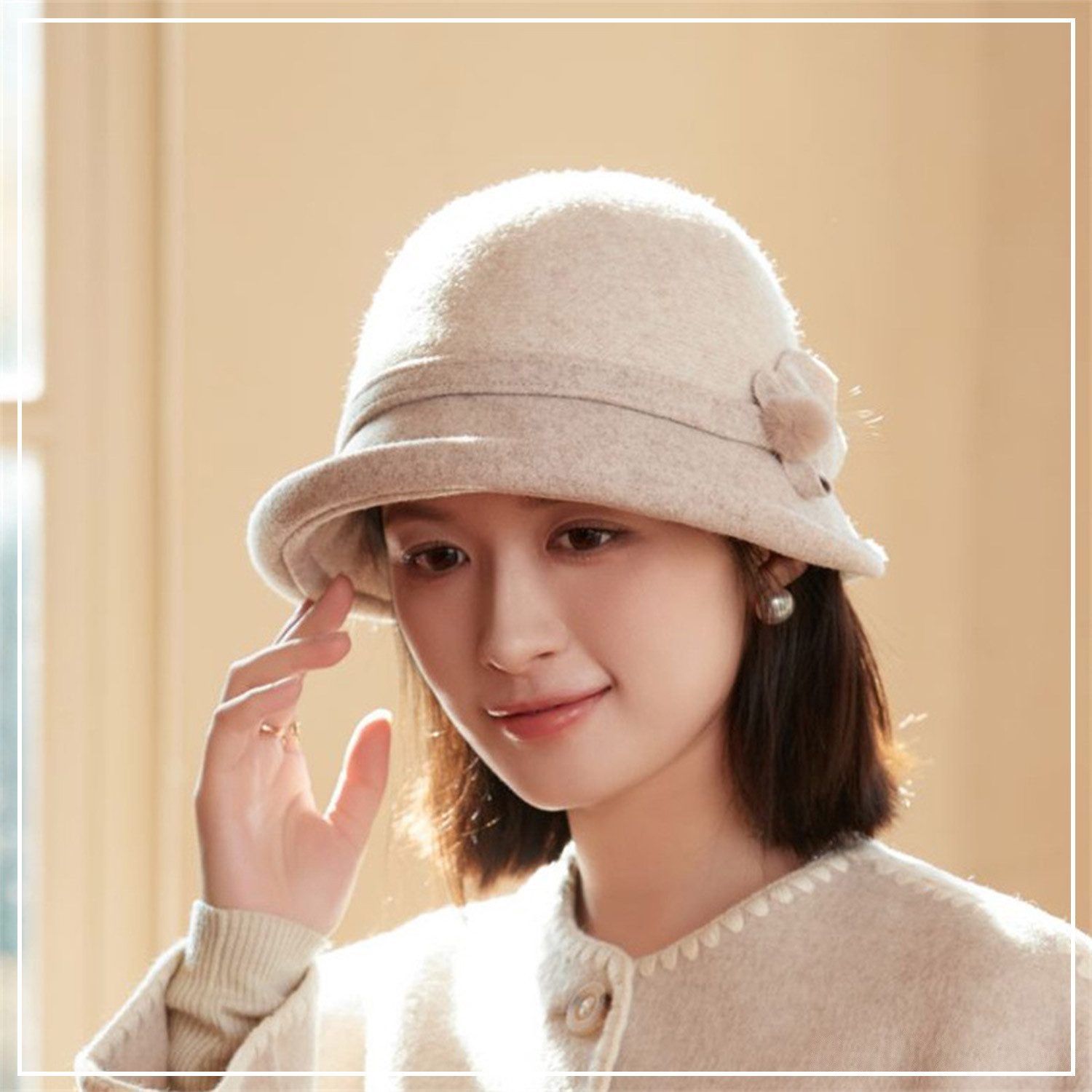 Refttenw Filzhut Glockenhut Vintage Wolle Wintermütze Damen Winter Filzmütze Warm Einheitsgröße, Blumenmuster, Rollrand