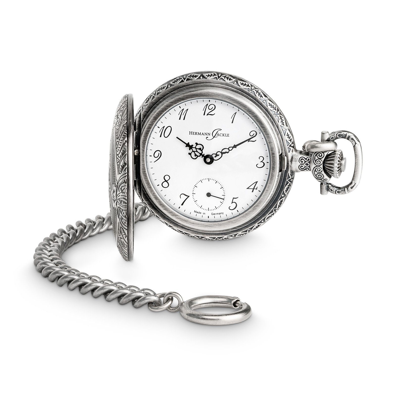Hermann Jäckle Taschenuhr "Schöntal 2" Antiklook, Handaufzug, 50 mm, Mineralglas, mit Kette & Reiseetui – Made in Germany, klassische Herrenuhr
