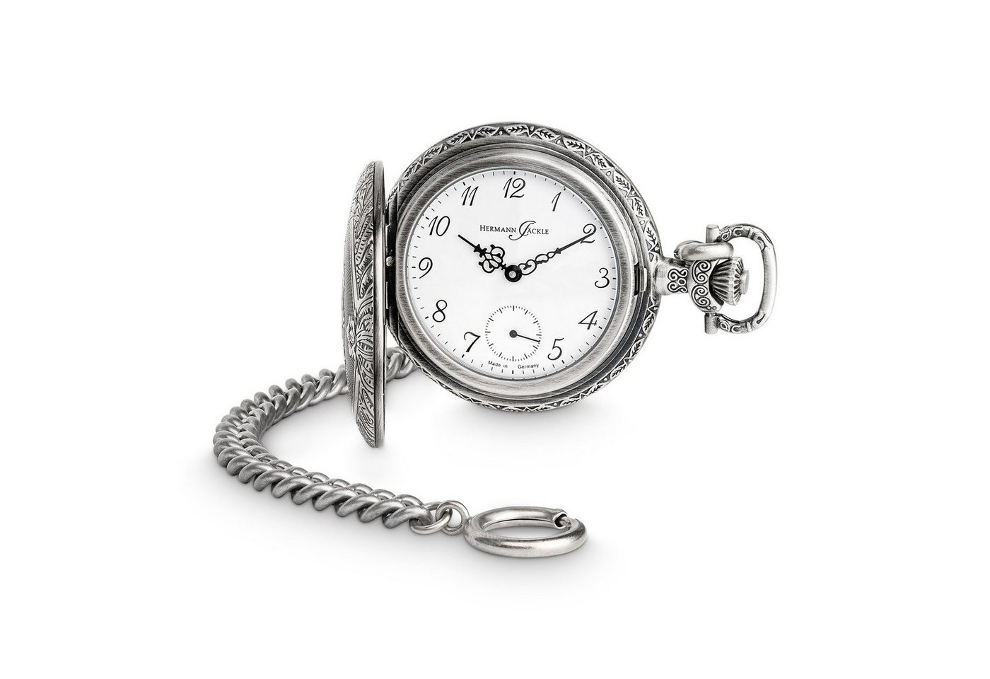 Hermann Jäckle Taschenuhr "Schöntal 2" Antiklook, Handaufzug, 50 mm, Mineralglas, mit Kette & Reiseetui – Made in Germany, klassische Herrenuhr