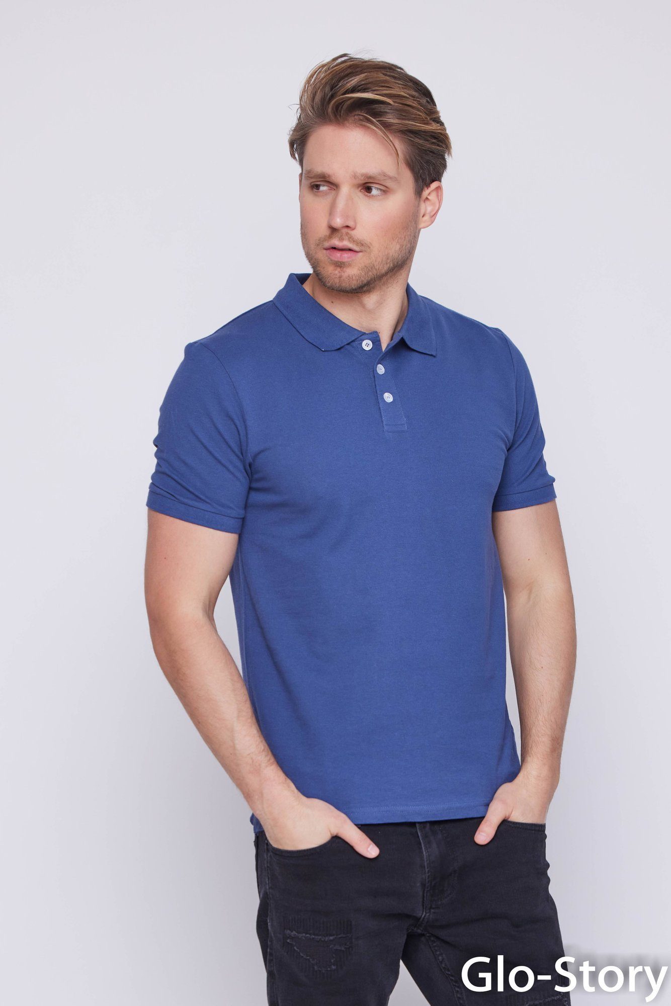 Regular GLO-STORY Kurzarm GLO-STORY Herren Polo Poloshirt Poloshirt Polohemd Basic Shirt Blau