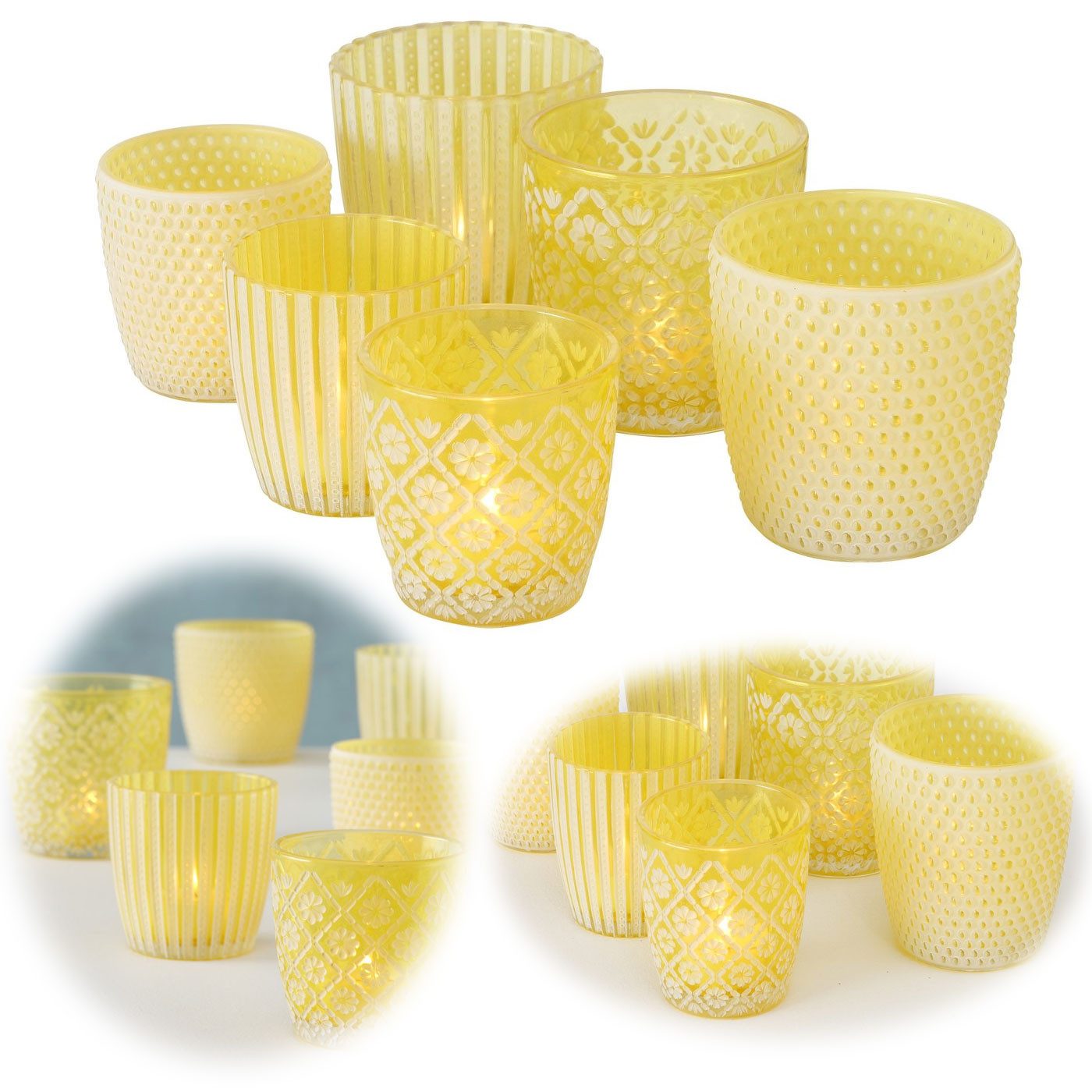 LS-LebenStil Teelichthalter 6x Glas Teelichtgläser Retro Gelb 7-9cm Set Windlicht (6´er Set Kristall Ornament Windlicht für Teelichter, 6 St., Halter Kerzenständer Tischdeko Kerzenhalter Gläser für Teelichter), Deko Hochzeit Ostern Weihnachten Konfirmation