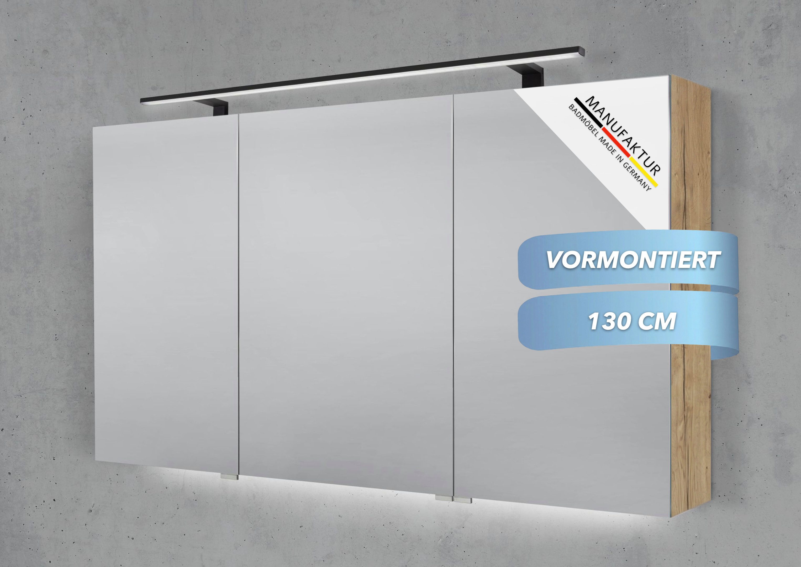 Intarbad Badezimmerspiegelschrank 3-türiger Spiegelschrank mit MULTI LED Aufsatzleuchte, dimmbar (Doppelspiegeltüren, Holz-/ Lackdekore, Maße von 120 bis 140 cm wählbar, Höhe 70 cm, Glasfachböden, Magnetleiste & Kosmetikspiegel Ø 12 cm) Vormontierte Lieferung, Floatglas, 160 kg Traglast, Made in Germany