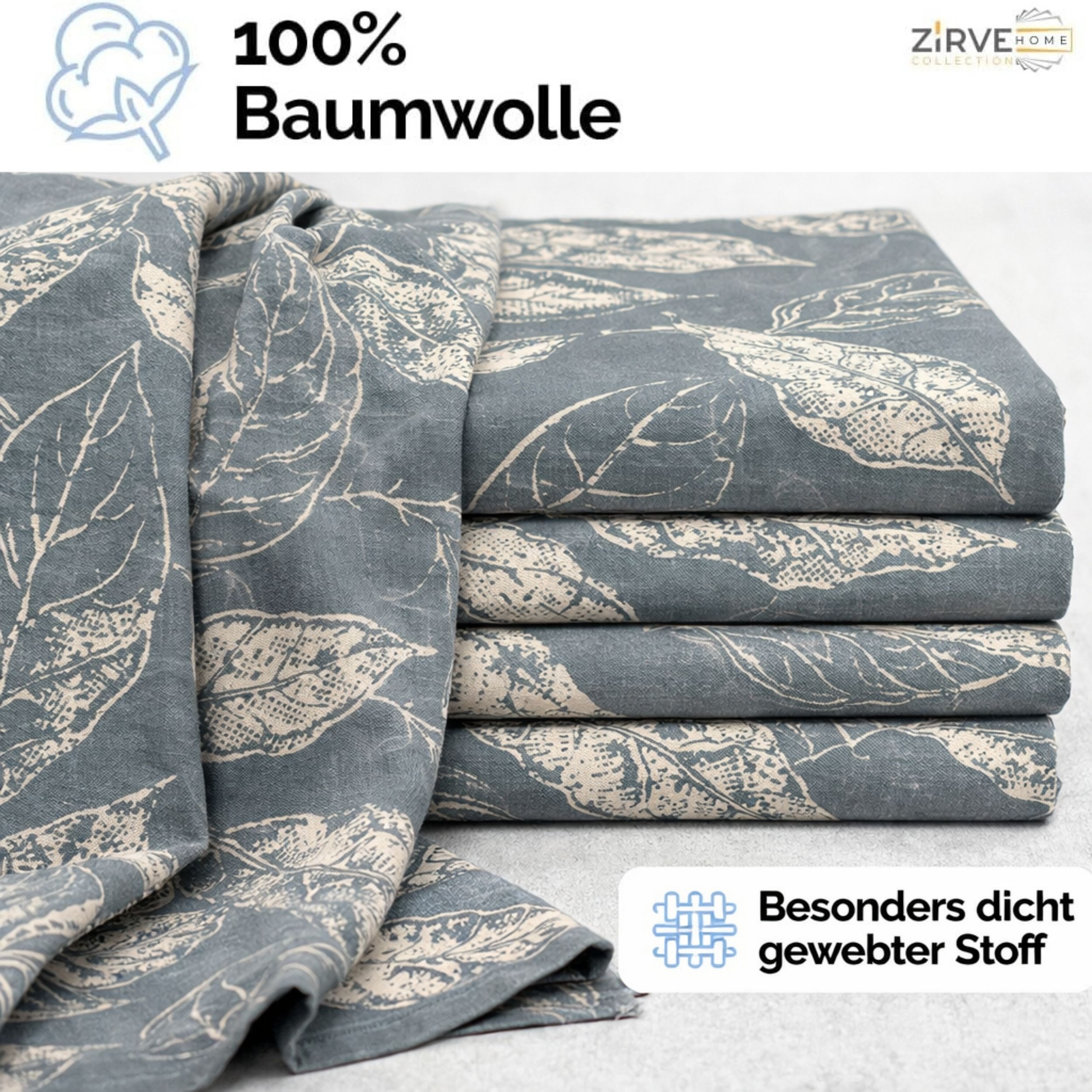 ZIRVEHOME Bettwäsche Baumwolle Bettbezug Graublau Beige Elegantes Blattmuster, Arina V1, Renforce, 4 teilig, 135x200 Baumwolle Natur-Design Graublau, Beige Blattmuster