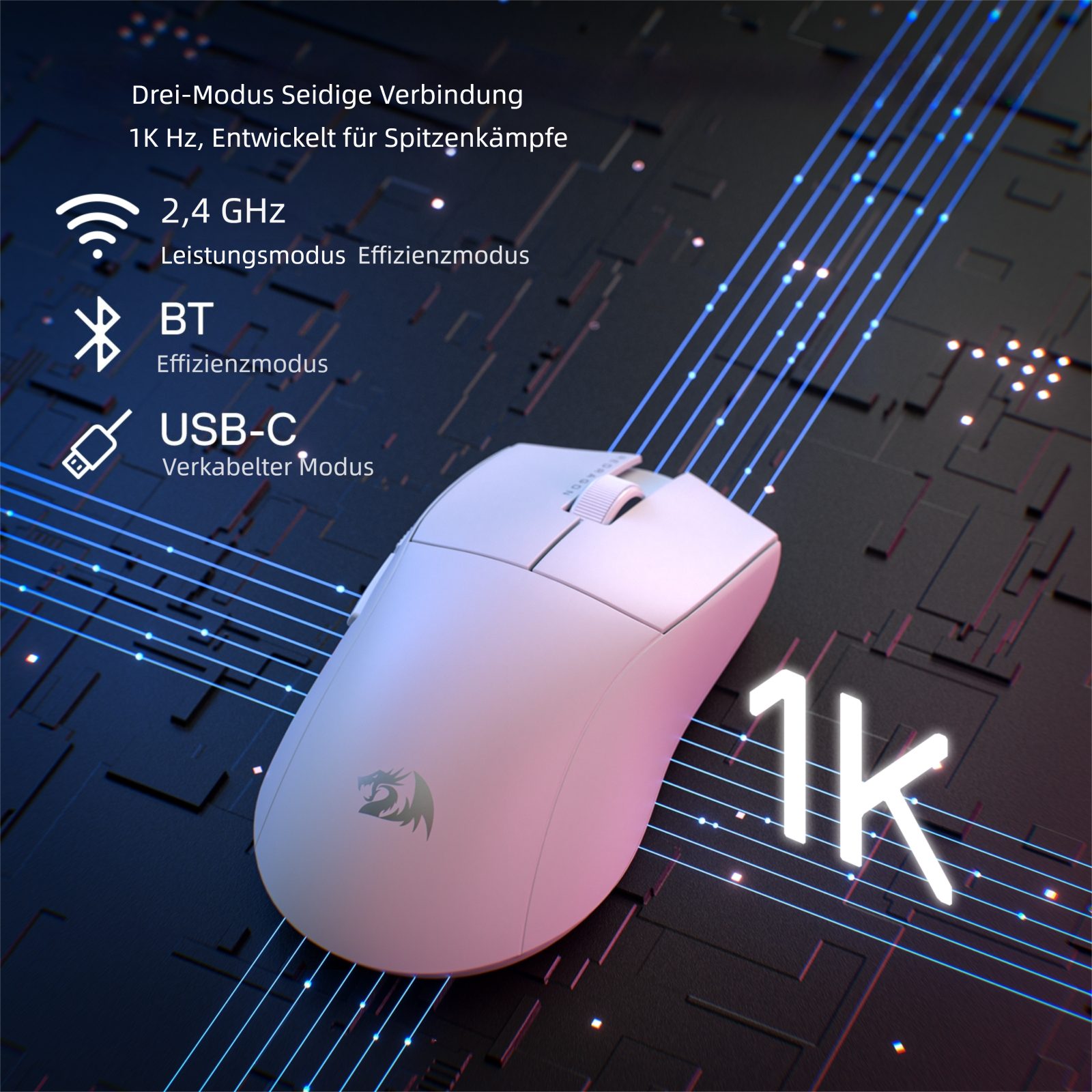 Redragon 2.4GHz/BT/Wired, Schwarz,0.2KG Gaming-Maus (Tri-Mode-Verbindung mit Bluetooth, 2,4 GHz und USB-C, Bis zu 26.000 DPI mit 5 Stufen)