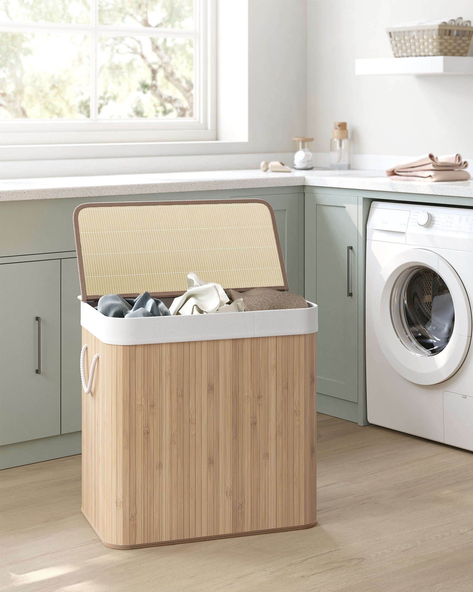 SONGMICS Wäschekorb, mit Deckel und Griffen, aus Bambus, 3 Fächern, 150 L günstig online kaufen
