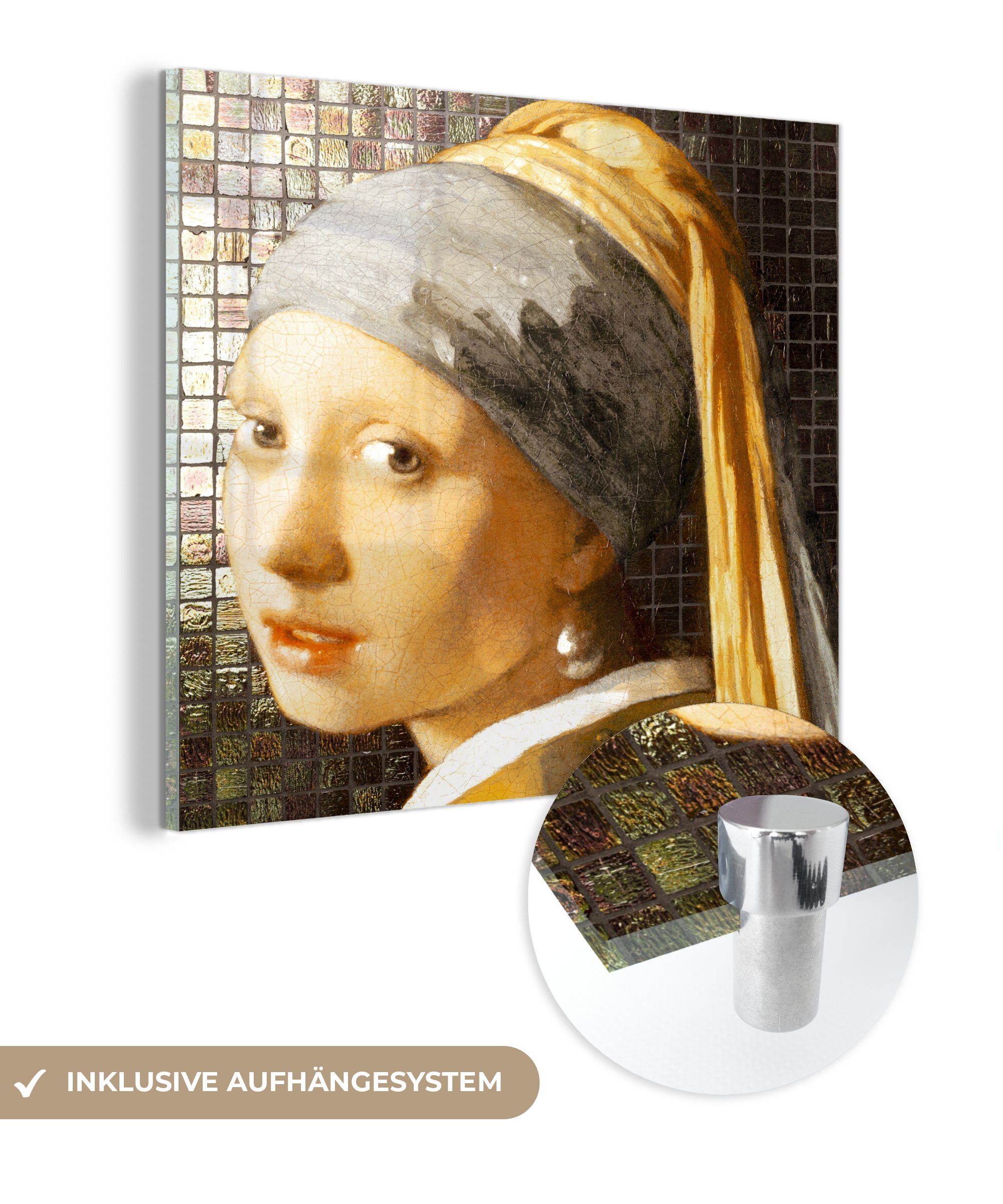 MuchoWow Acrylglasbild Alte Meister - Mädchen mit Perlenohrring - Kacheln, (1 St), Glasbilder - Bilder auf Glas Wandbild - Foto auf Glas - Wanddekoration