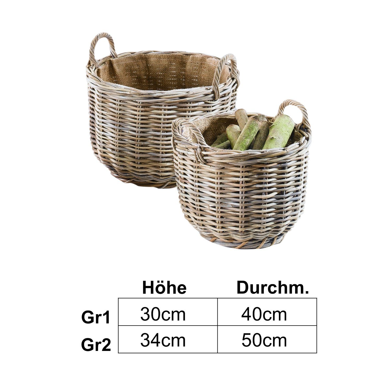 Kobolo Kaminholzkorb Rattankorb rund mit Leinenstoff 2er Set (grau braun), günstig online kaufen