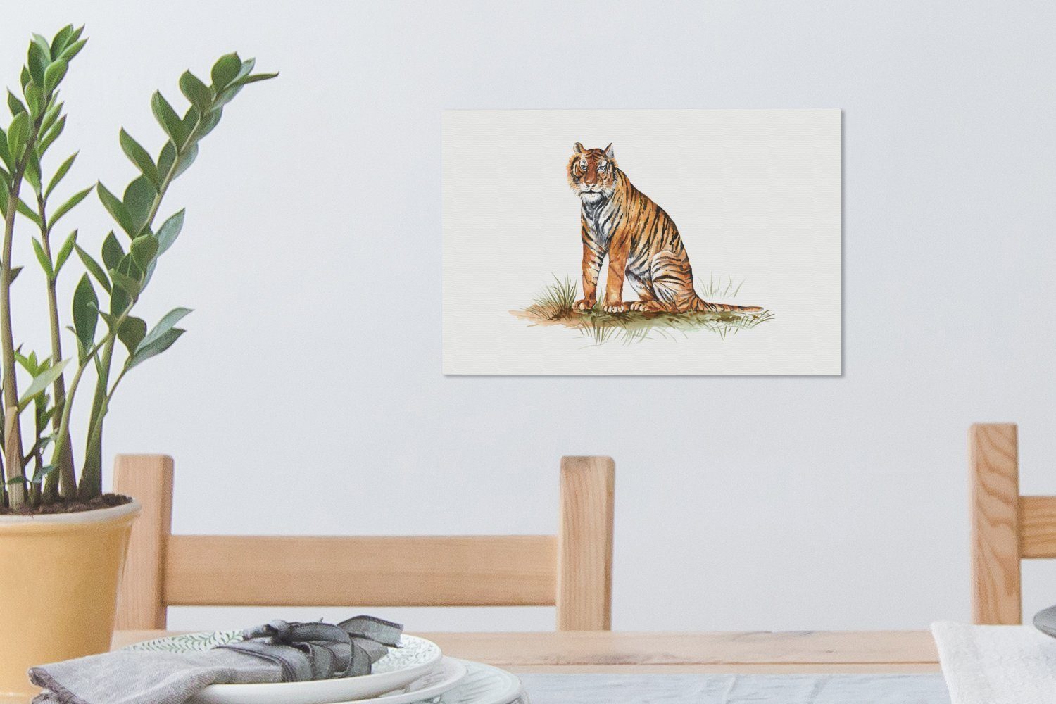 30x20 Leinwandbild cm Leinwandbilder, - - Wanddeko, OneMillionCanvasses® St), Aufhängefertig, Wandbild Tiger Orange, Gras (1