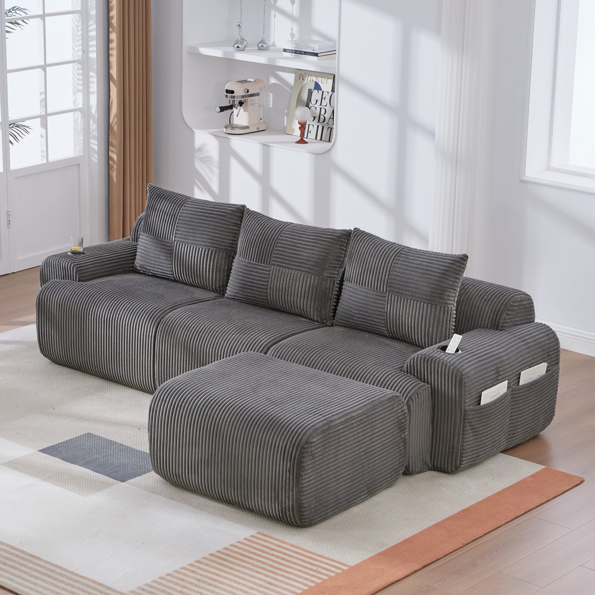 REDOM Sofa mit Getränkehalter und seitlicher Aufbewahrungstasche, 3-Personen Loungesofa mit Hockern, Frei kombinierbar