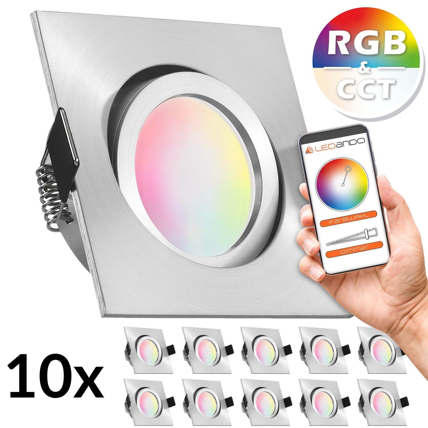 LEDANDO LED Einbaustrahler 10er RGB - CCT LED Einbaustrahler Set extra flach in aluminium matt mi