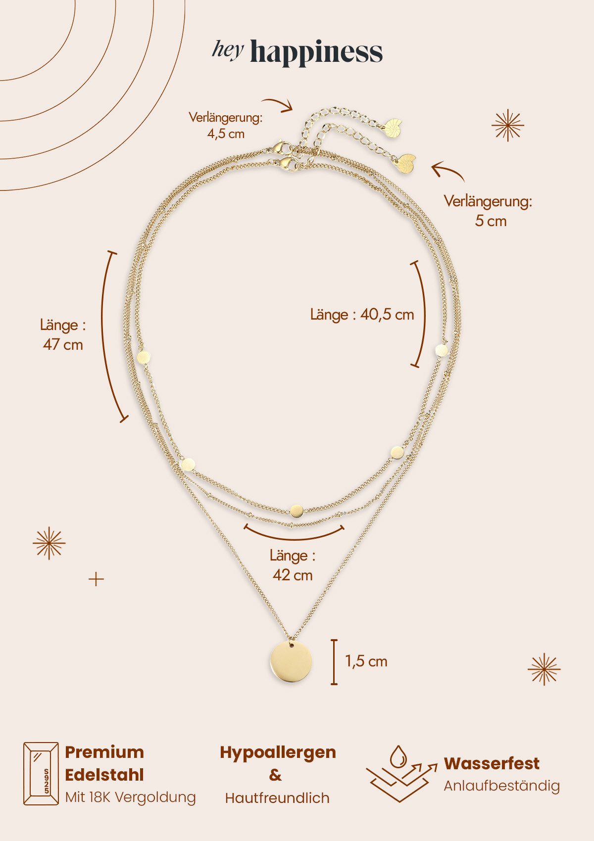 Hey Happiness Collier-Set Geo Plättchen Kette in Set, Layer Edelstahlkette, Vergoldet 18K Roségold, 2 Layering Halsketten mit Plättchen – Bild 5 von 5