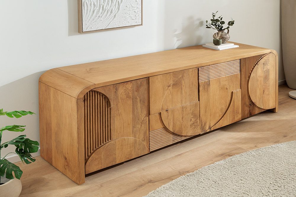 riess-ambiente Sideboard ART DECO 170cm beige - Mangoholz, Massiv, cream finish, abgerundet (Einzelartikel, 1 St), TV-Board mit 3D-Front - ideal für Wohn- & Schlafzimmer oder TV-Ecke