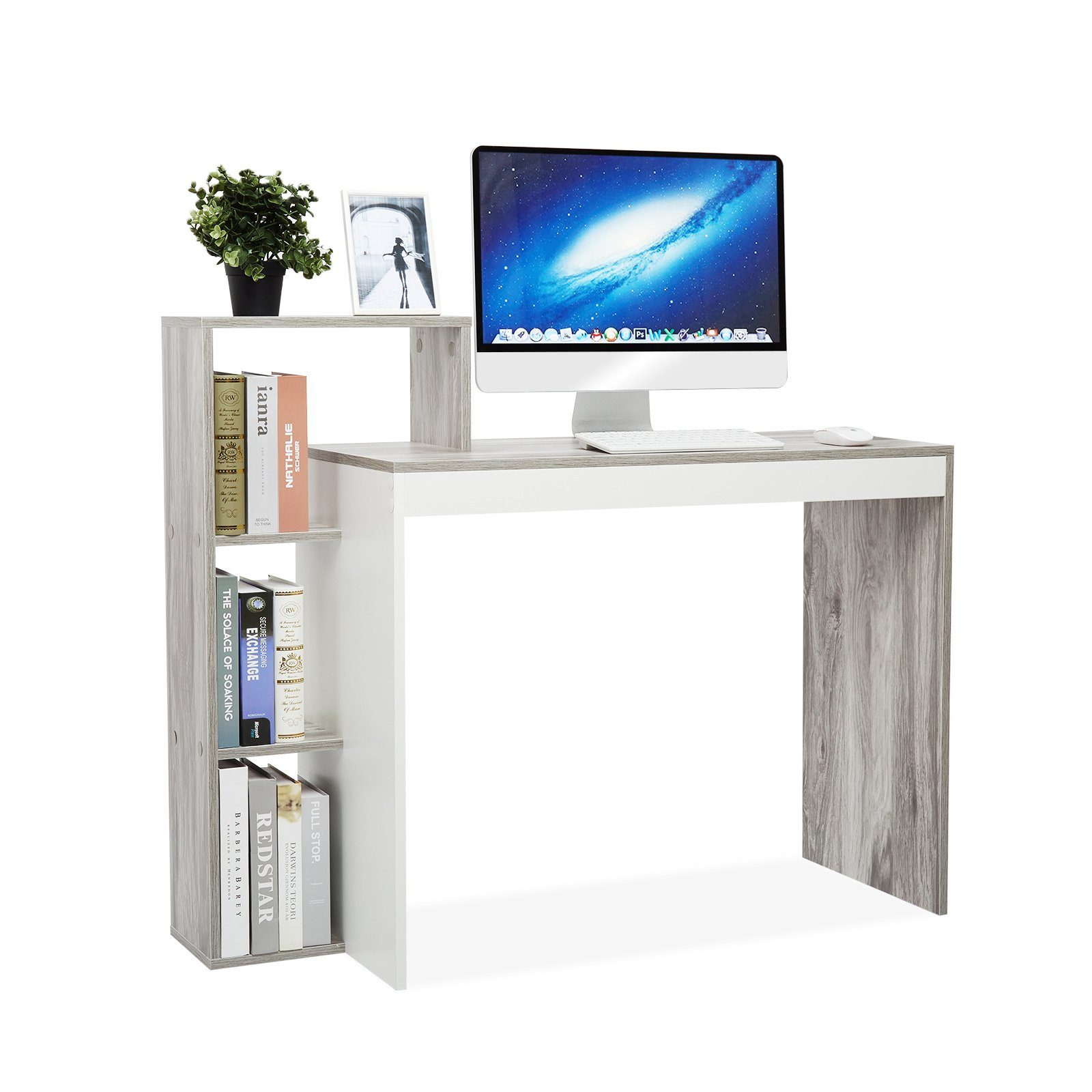Mondeer Schreibtisch Computertisch, mit Ablagefach, Weiß+Grau