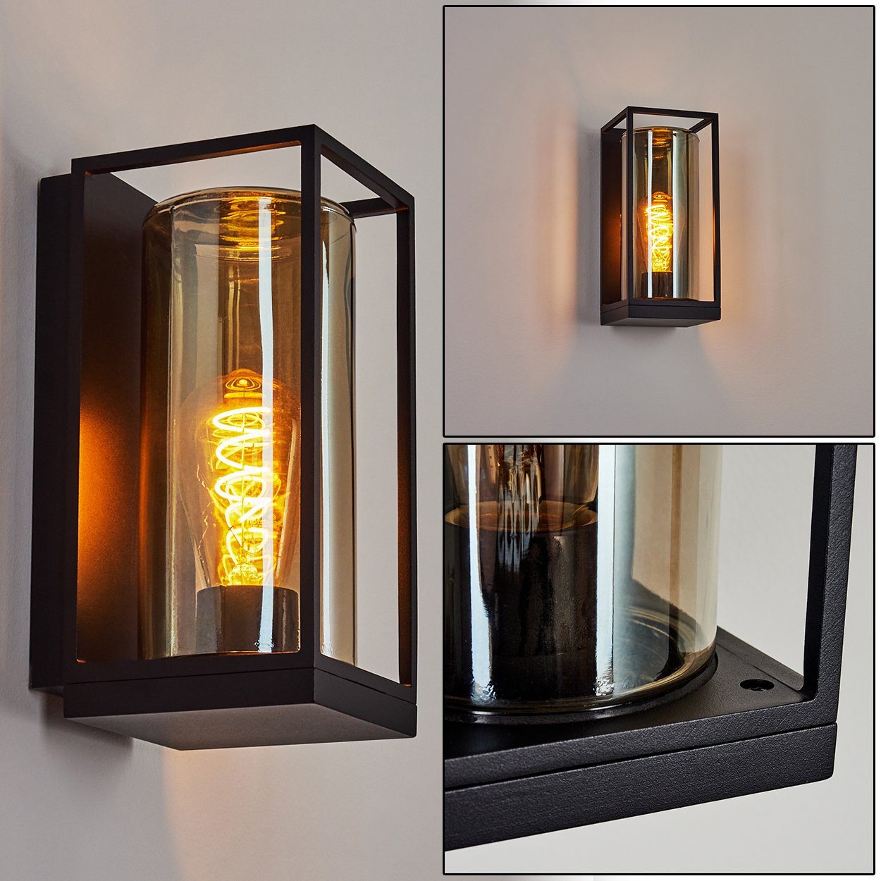 hofstein Außen-Wandleuchte »Besana« Wandlampe aus Metall in Schwarz und 2  Gläser Rauchfarben/Klar, ohne Leuchtmittel, Industrial Style Außenlampe mit  Lichteffekt an der Wand, 1xE27,IP44