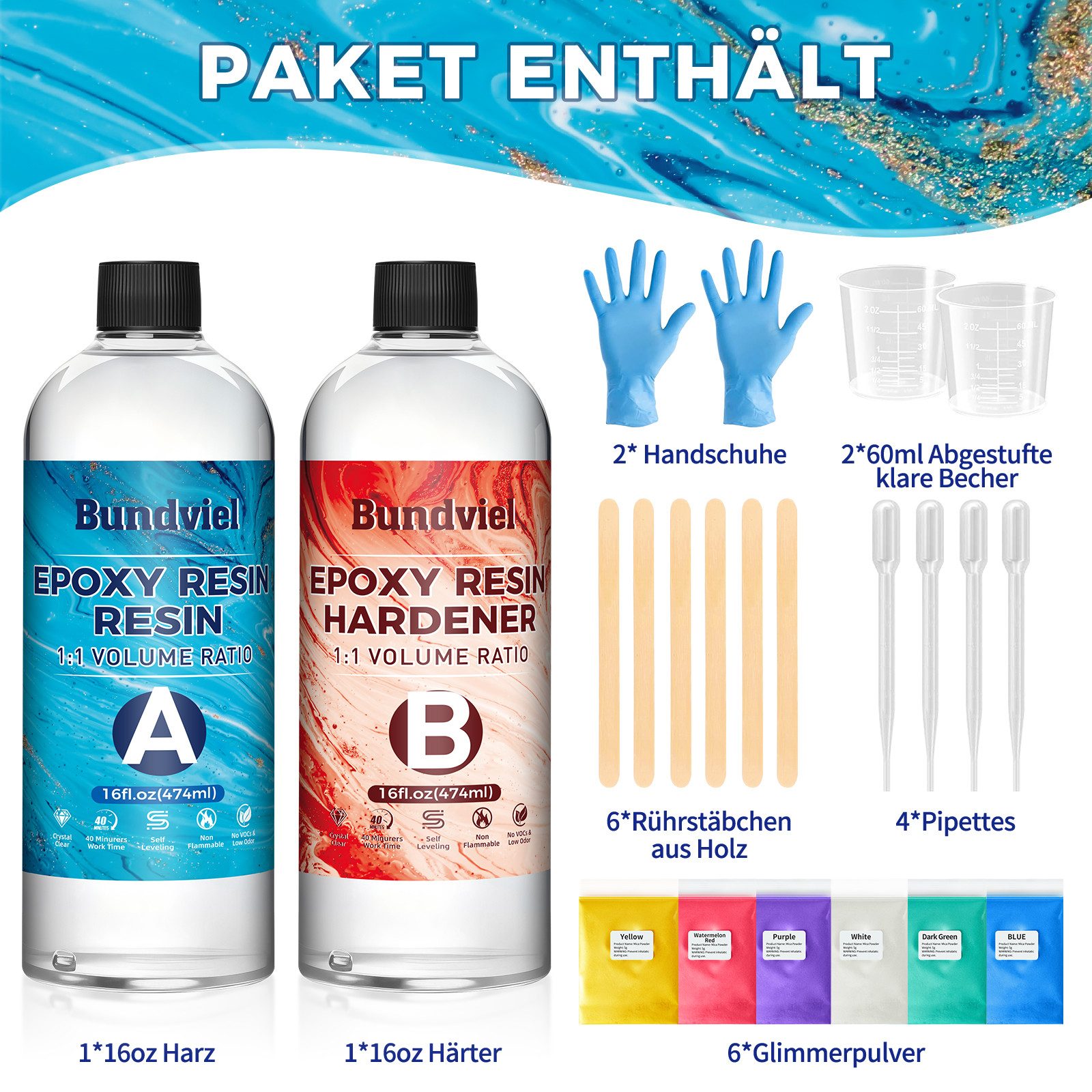 Bundviel Epoxidharz 256/128/70/64/35oz Epoxidharz Mit Härter Set,Epoxidharz Set Anfänger (20-St., mit Messbecher, Rührstab, Färbepulver, Pipette und Handschuhen), für DIY Schmuckherstellung,Handwerk,Holz,Aquarium