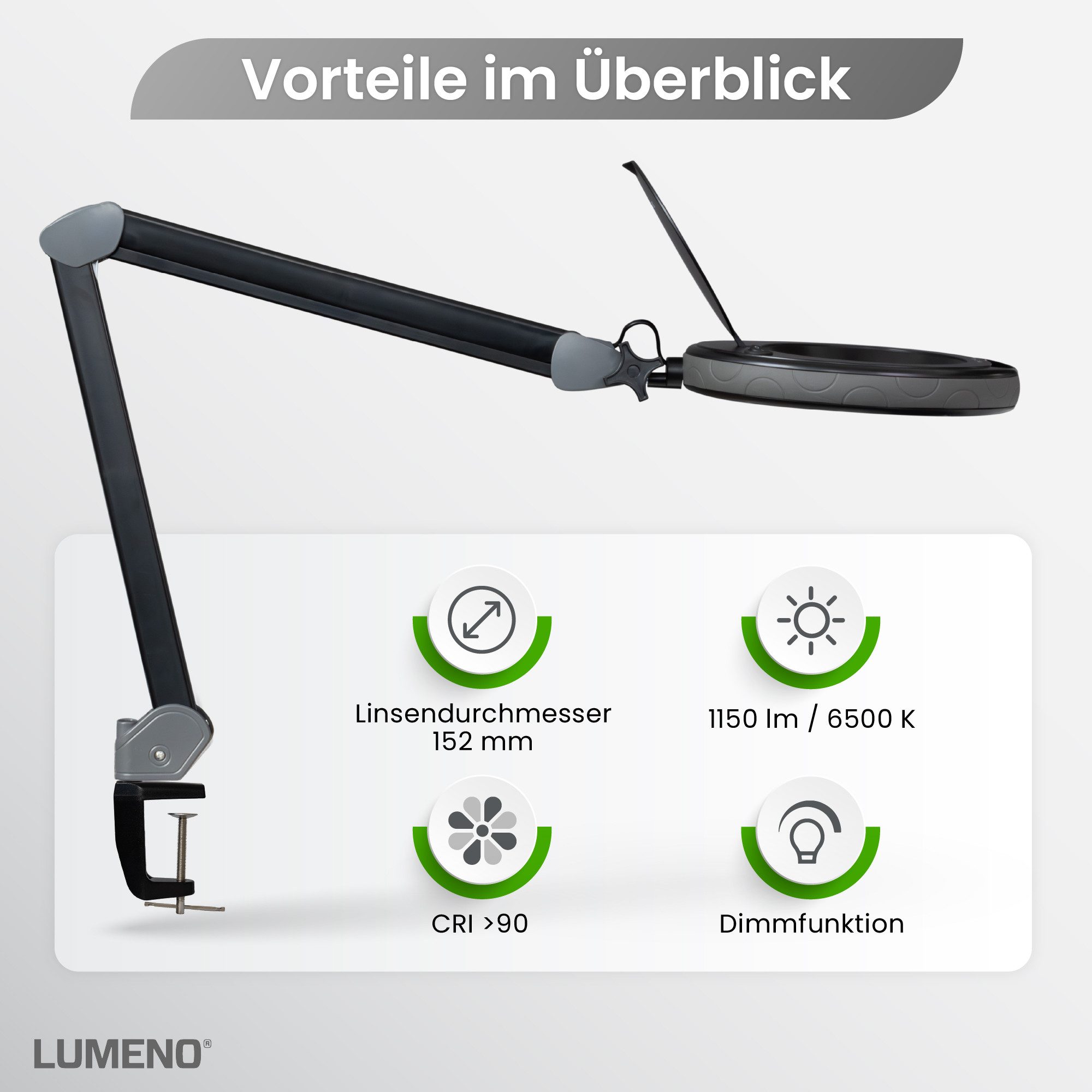 Lumeno Lupenlampe 851X dimmbare LED-Lupenleuchte, 152 mm kristallklare Linse, LED fest integriert, Kaltweiß, 6500 K