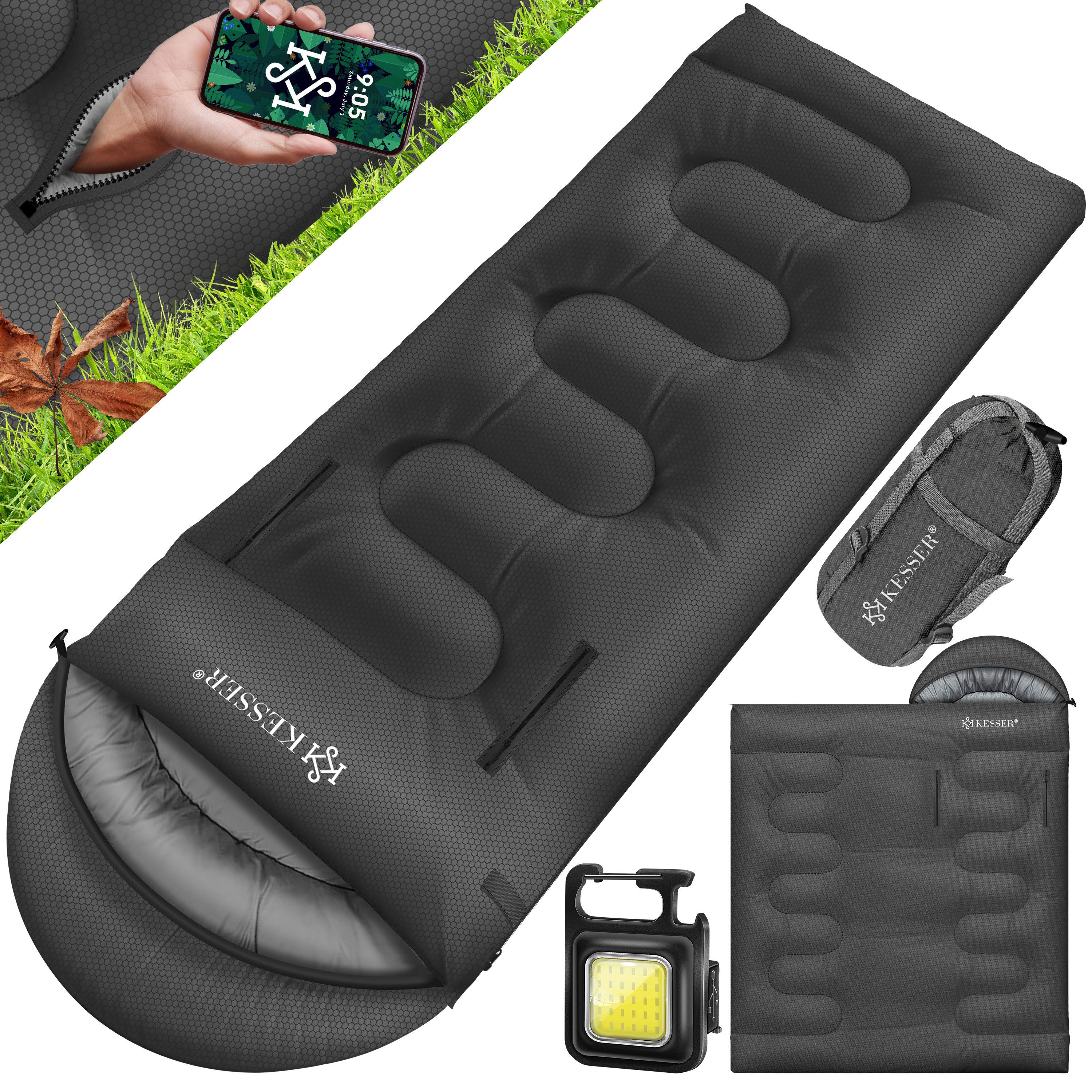 KESSER Deckenschlafsack Camping Schlafsack Outdoor 220x83cm 4 Jahreszeiten (Campingschlafsack inklusive Campinglampe & Seitentasche), für Erwachsene & Kinder Leicht Tragbar Warm & Wasserabweisend von KESSER