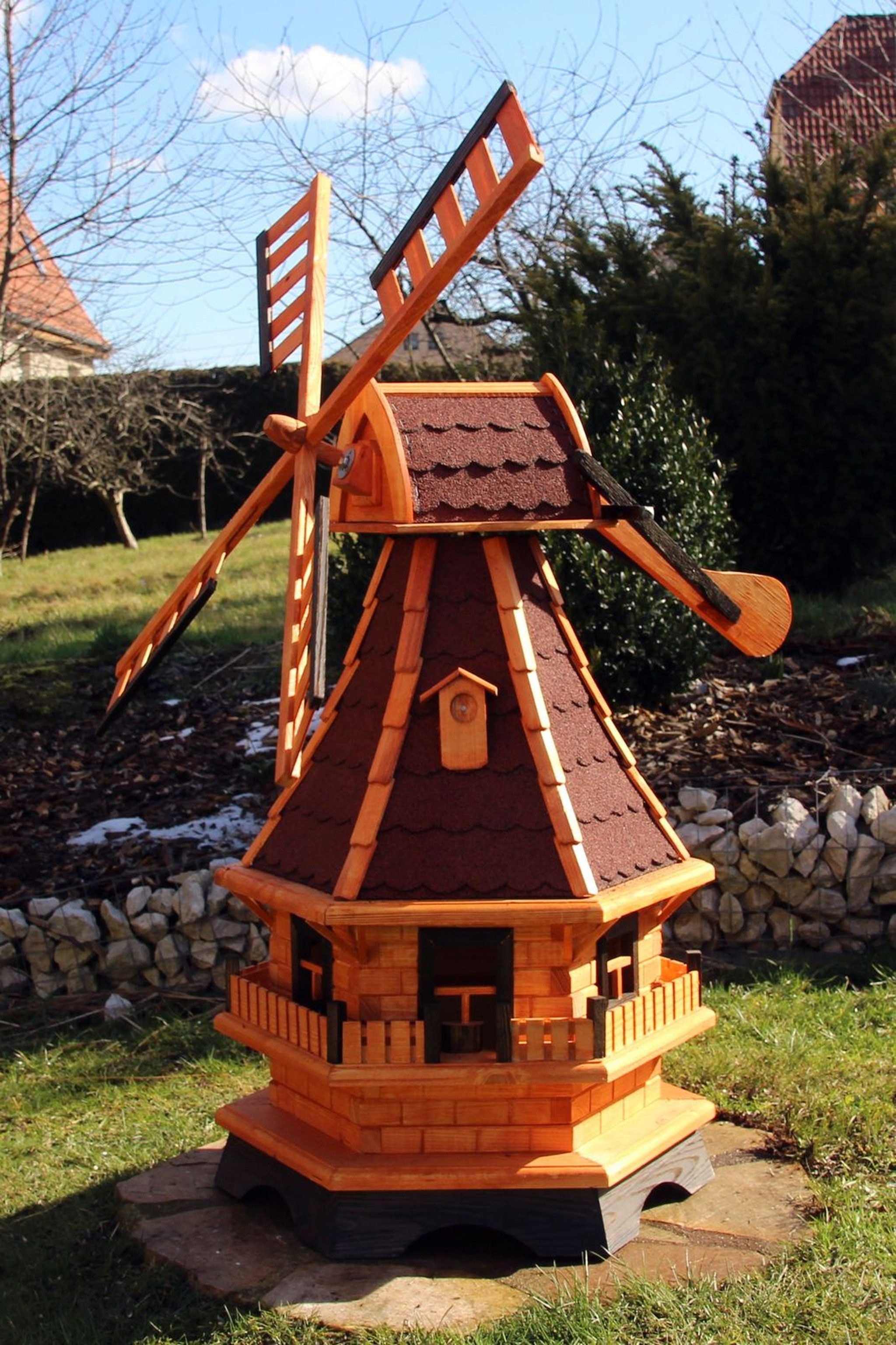 Holzdekoladen Deko-Windrad XL Gartenwindmühle aus Holz mit Solarbeleuchtung & Dachgauben