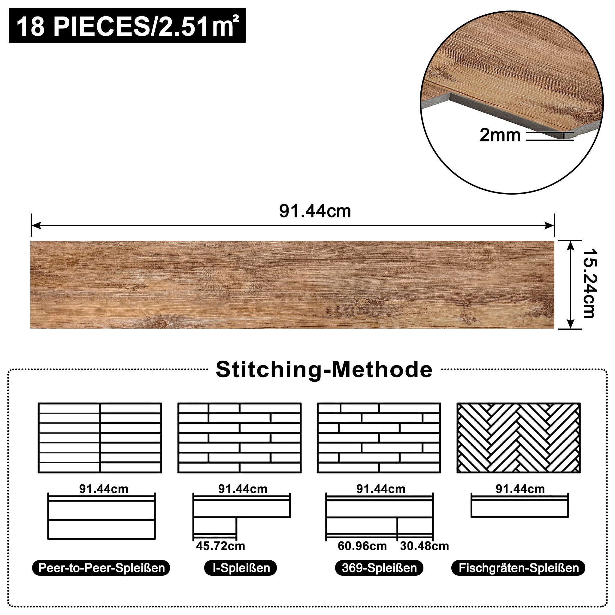 FIVMEN Vinylboden PVC Bodenbelag Selbstklebend, Holzmaserung Dielen, Bodenfliesen, 18/36 Stück, 2.51/5.2 m² Schneidbar Fliesen für Schlafzimmer, Küche – Bild 2 von 5