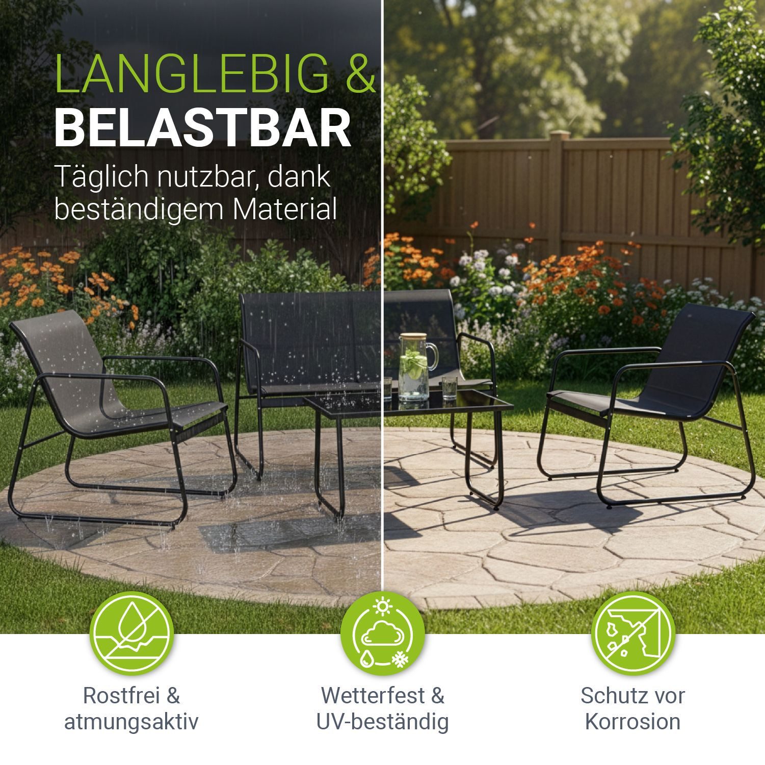 Juskys Gartenlounge-Set Genua, (4-tlg), 4-teilig, UV-beständig, Metallgestell, Tisch mit Glasplatte