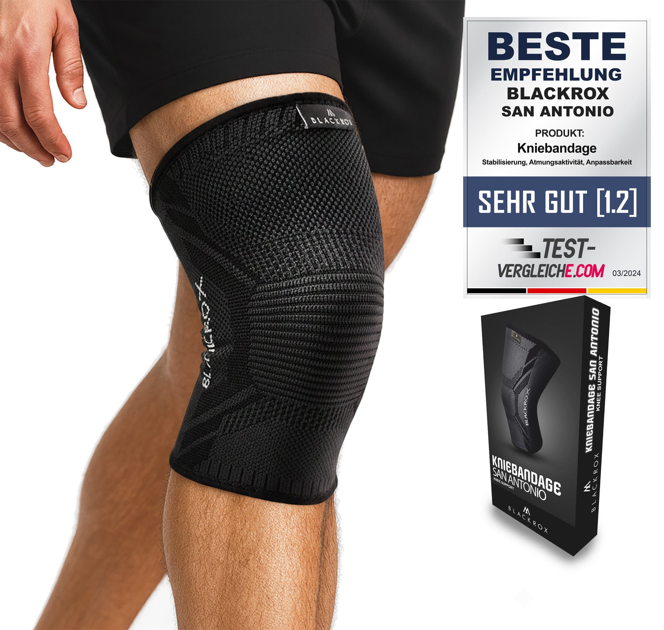 BLACKROX Kniebandage [Vergleichssieger 2025] SAN-ANTONIO V4, Gr.S-XL, elastische Sport