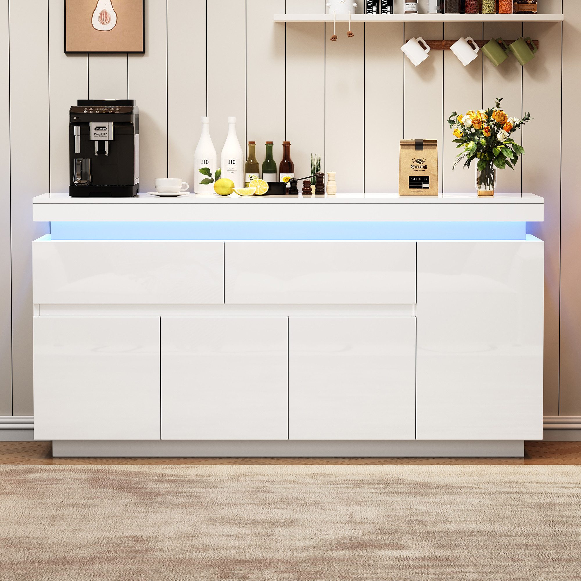 Merax Sideboard Hochglanz Anrichte Buffetschrank mit LED-Beleuchtung in Weiß (1 St., Wohnzimmerschrank, Beistellschrank, 140x35x72,5cm), Kommode mit 2 Schubladen, verstellbaren Einlegeböden & Stauraum