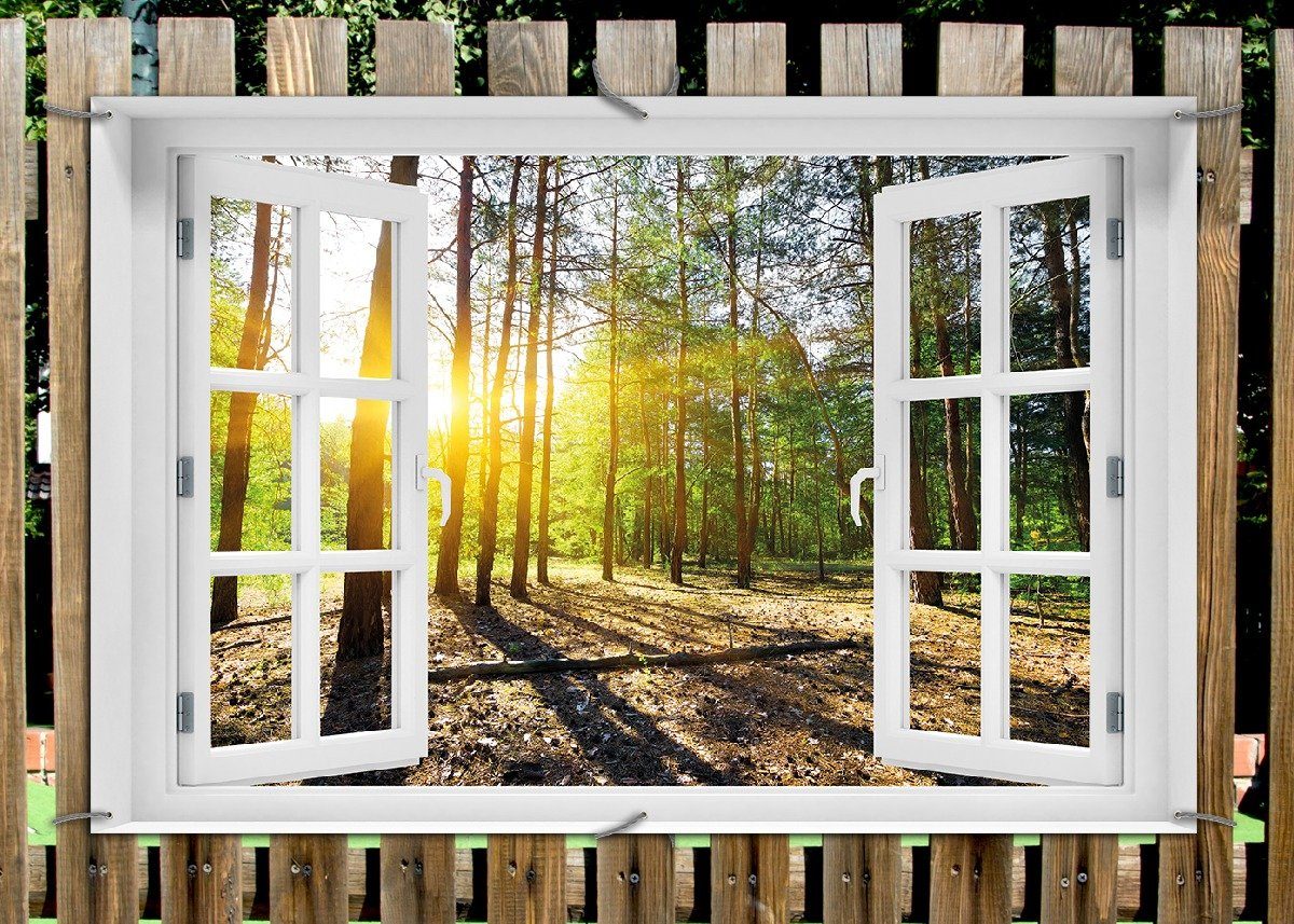 Thumbnail - Wallario Sichtschutzzaunmatten Sonnenstrahlen tief hinter dem Wald, mit Fenster-Illusion