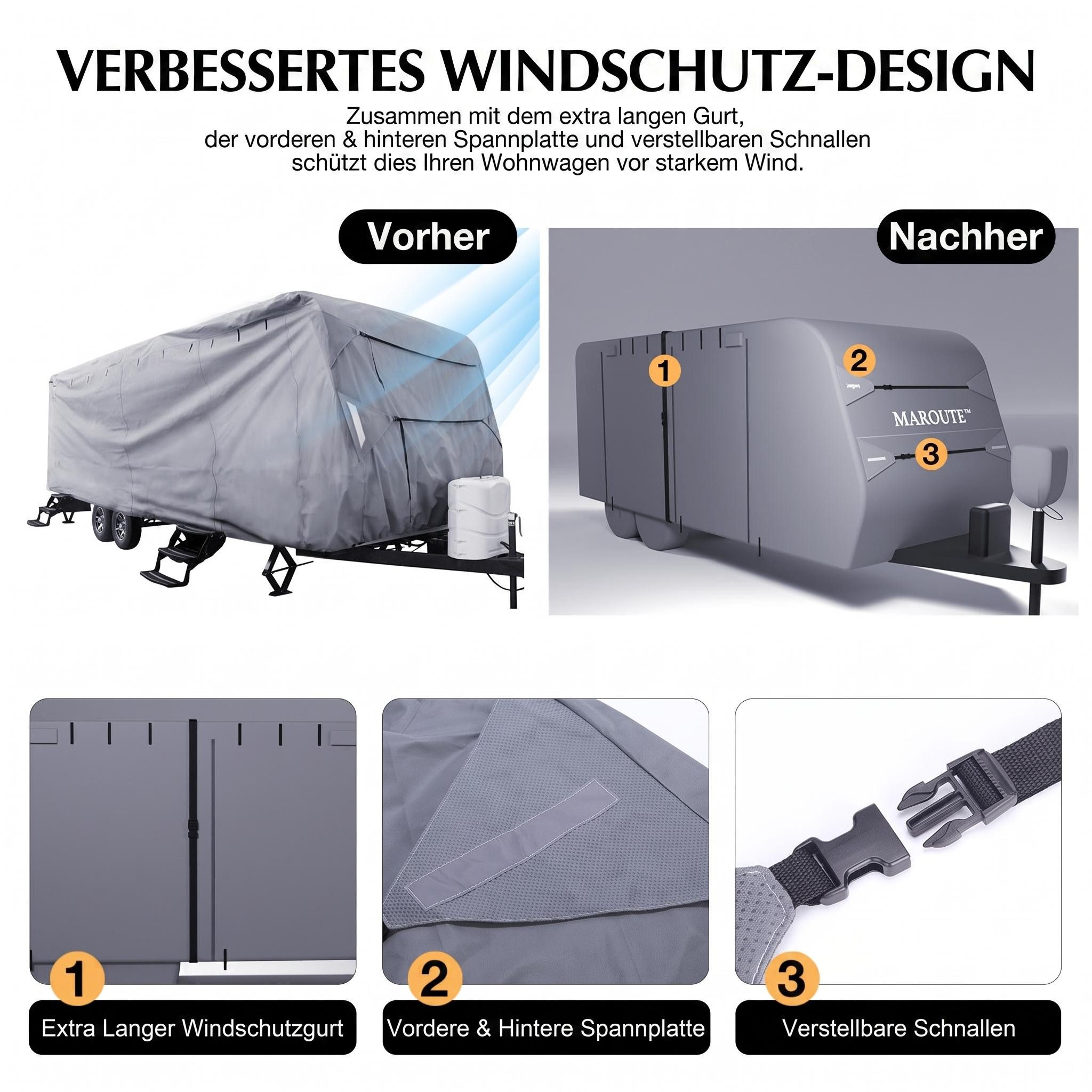 GarveeMore Wohnmobilschutzhülle Wohnwagen Abdeckung, 820/927×264×277 cm, grau, 5-lagig, wasserdicht, Anti-UV, winddicht, atmungsaktiv
