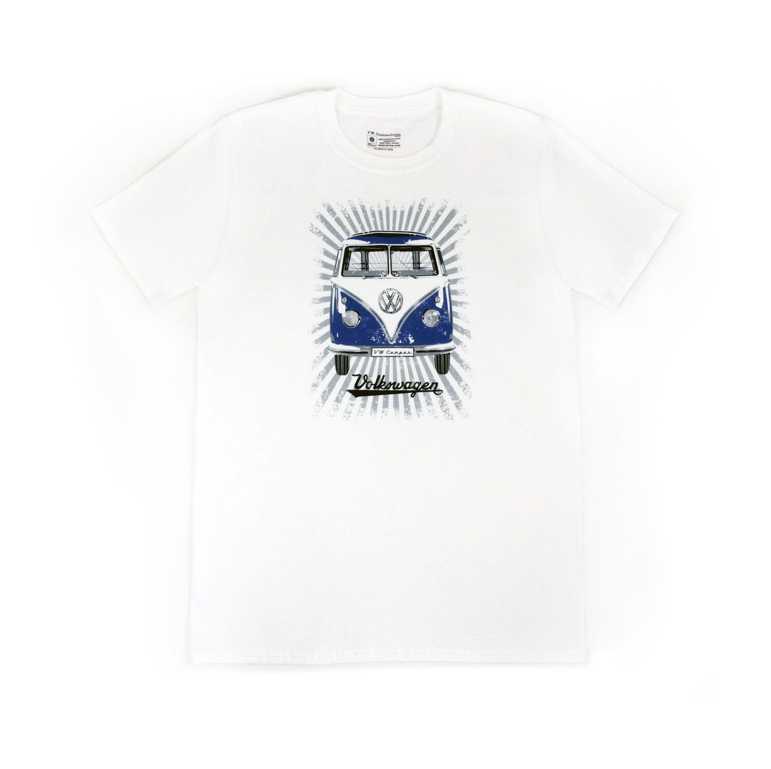 VW Collection by BRISA Kurzarmshirt Volkswagen Unisex T-Shirt stilvolles Rundhalsshirt, mit blauem Samba Bus Design Strahlen/ Blau & Weiß