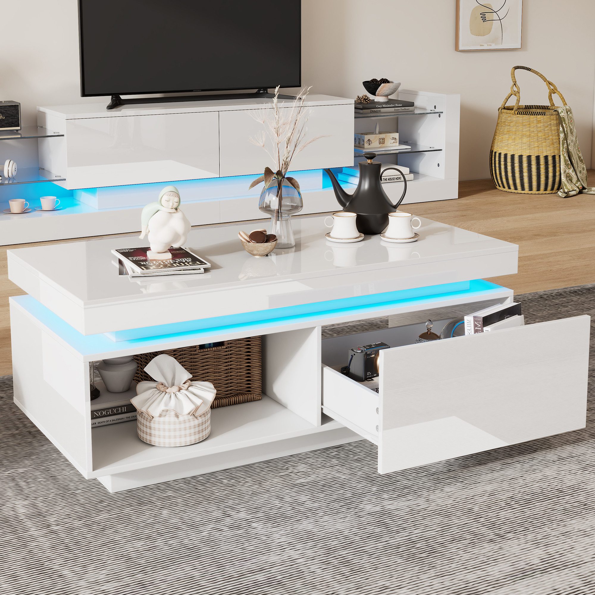 Merax Couchtisch hochglanz Sofatisch Beistelltisch mit LED-Beleuchtung (1-St), Wohnzimmertisch mit Schublade und Stauraum, Breit: 100cm – Bild 4 von 5