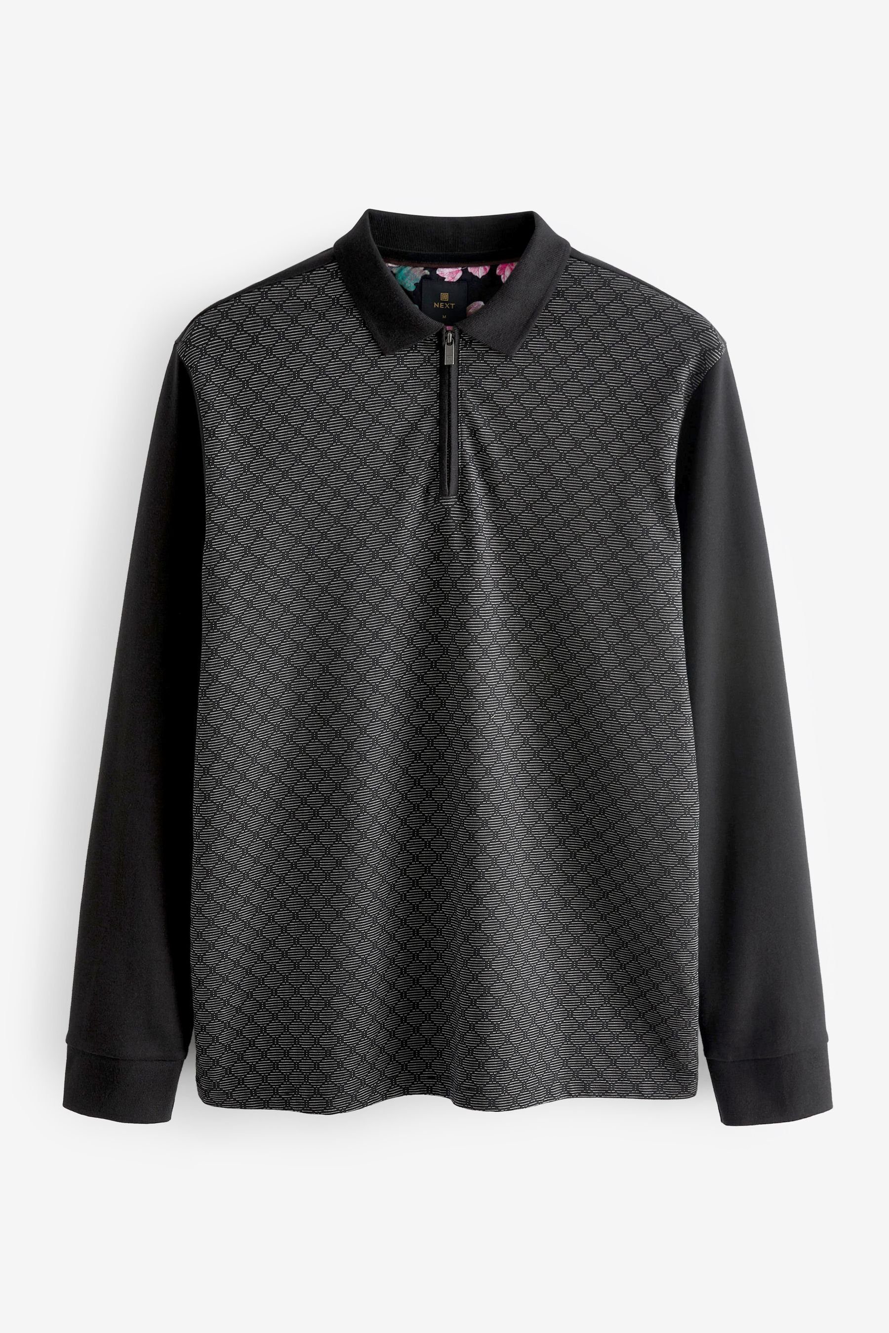 Next Langarm-Poloshirt Strukturiertes, langärmeliges Diamond Polohemd Black (1-tlg)