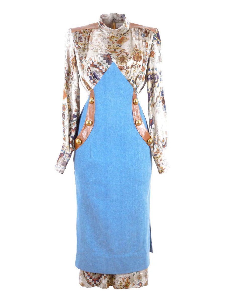 RUA & RUA Midikleid Kleid aus Denim Seide & Leder Etuikleid