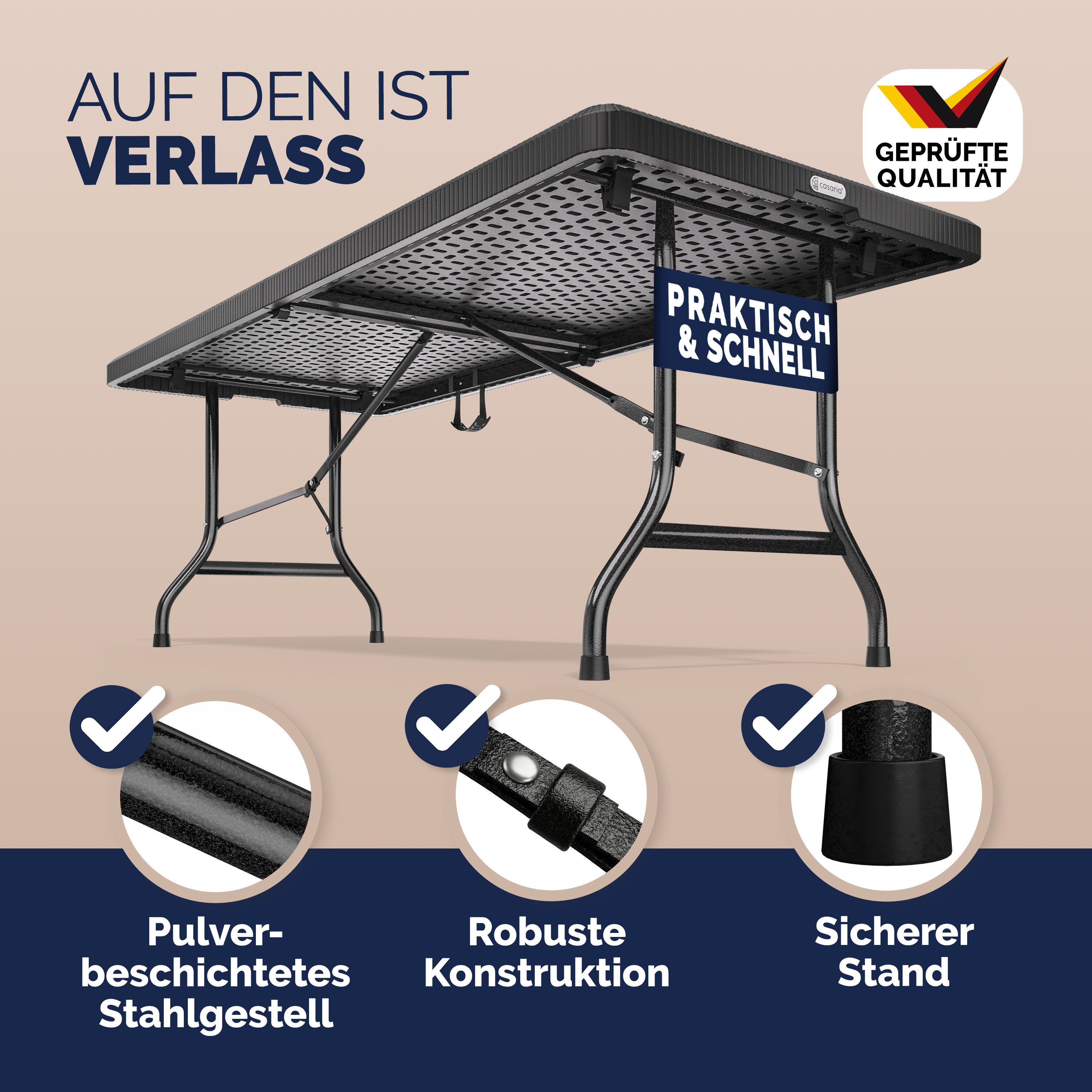 Casaria Gartentisch Malmö (1-St), 180x75cm Klappbar Wetterfest Tragbar Garten Camping Buffettisch Party