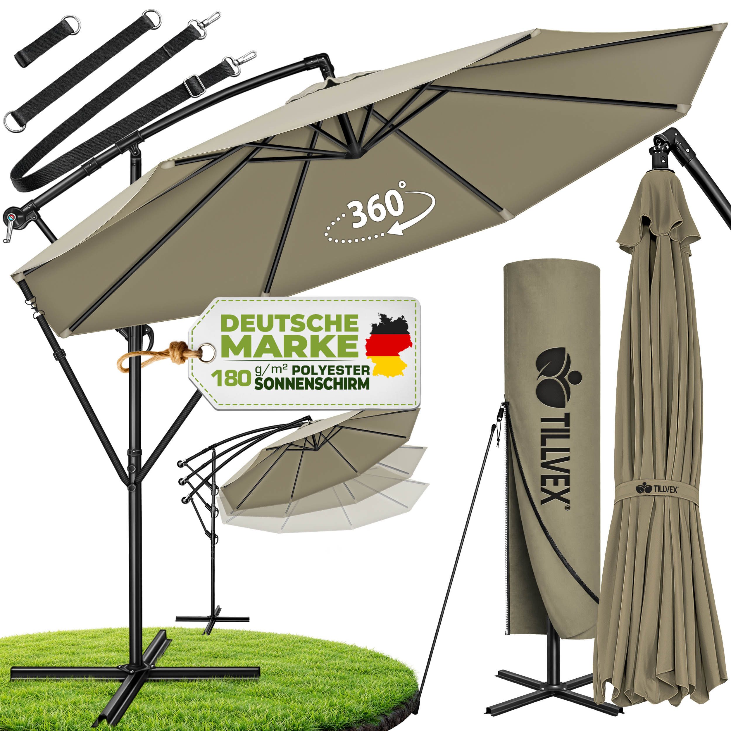 tillvex Sonnenschirm tillvex Sonnenschirm Ø 300 - 350 cm Ampelschirm Gartenschirm Marktschi, Alu Sonnenschirm + Abdeckung Ø 350 cm mit Kurbel, Gartenschirm UV-Schutz Aluminium, Kurbelschirm Marktschirm wasserdicht 360° drehbar