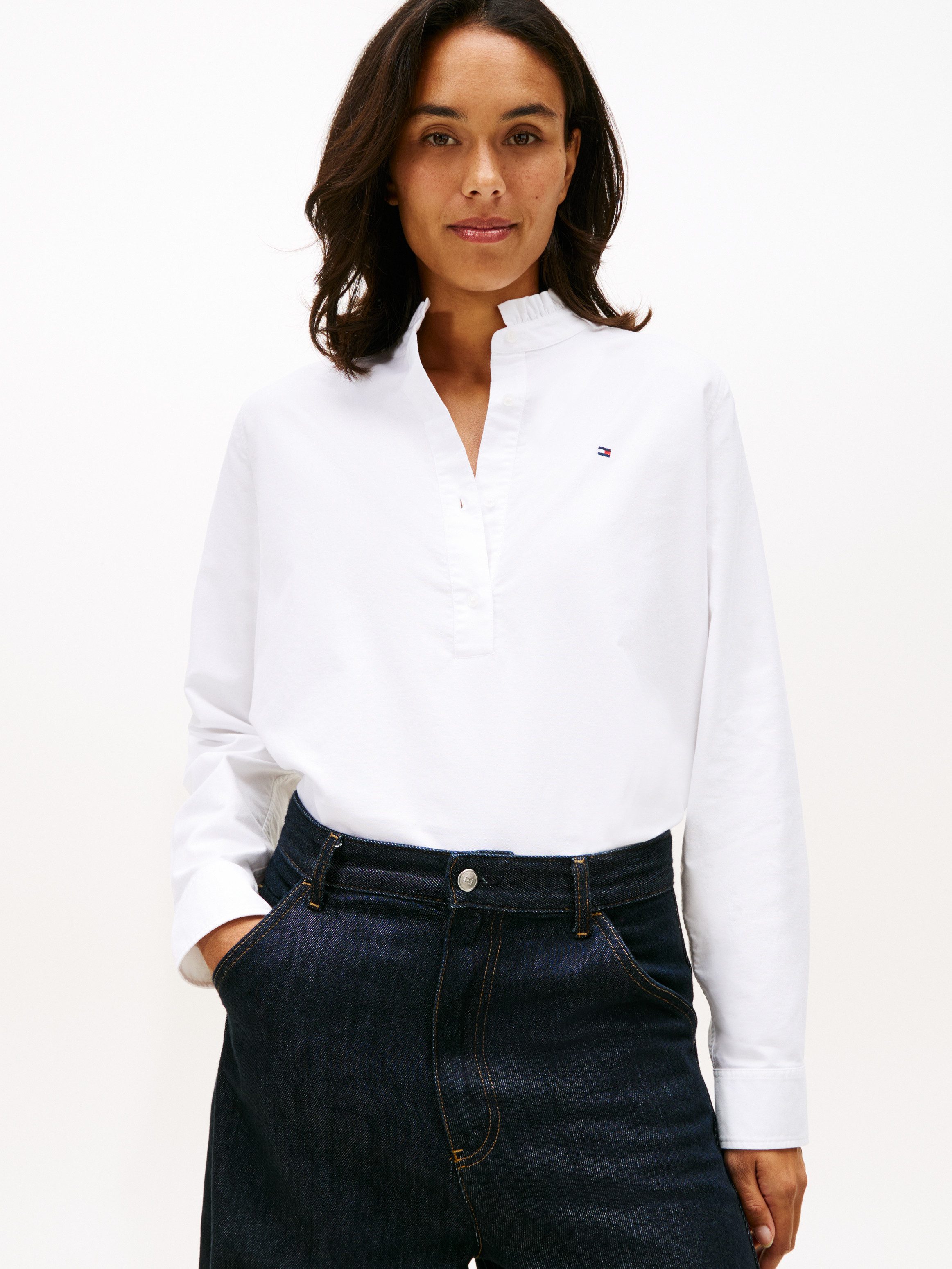 Tommy Hilfiger Langarmbluse OXFORD RUFFLE NECK SHIRT mit Rüschen Detail