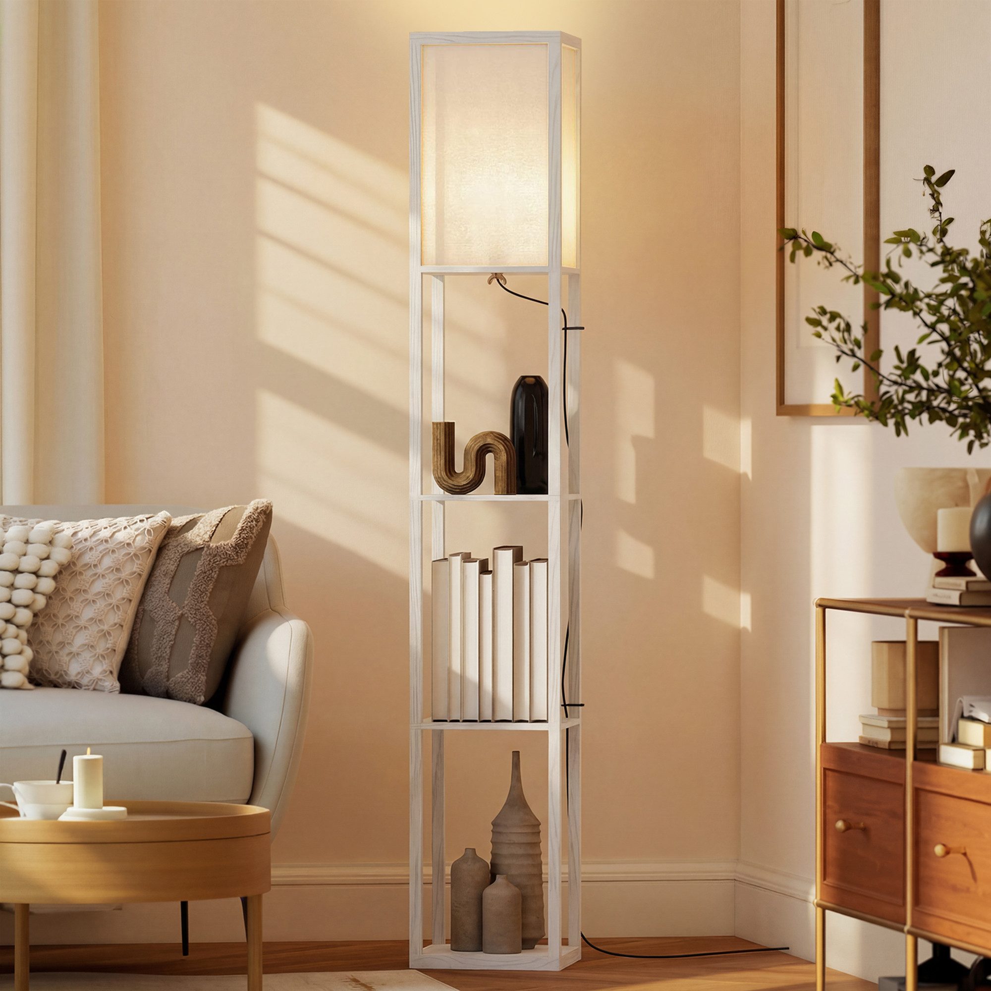 HOMCOM Stehlampe Stehlampe mit Regalen E27 40W Nachttischlampe Acryl Lampenschirm, Ablagefächer, Lichtquelle, Fußschalter, ohne Leuchtmittel, Stehlampe mit Ablagen, platzsparend